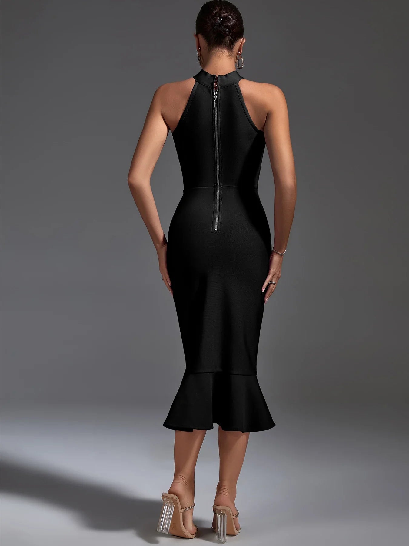 Elegant Black Bandage Dress for Women - Bodycon Midi Party Dress with Ruffle Mermaid Hem | Sexy Club Outfit for Evening, Birthday & Night Out