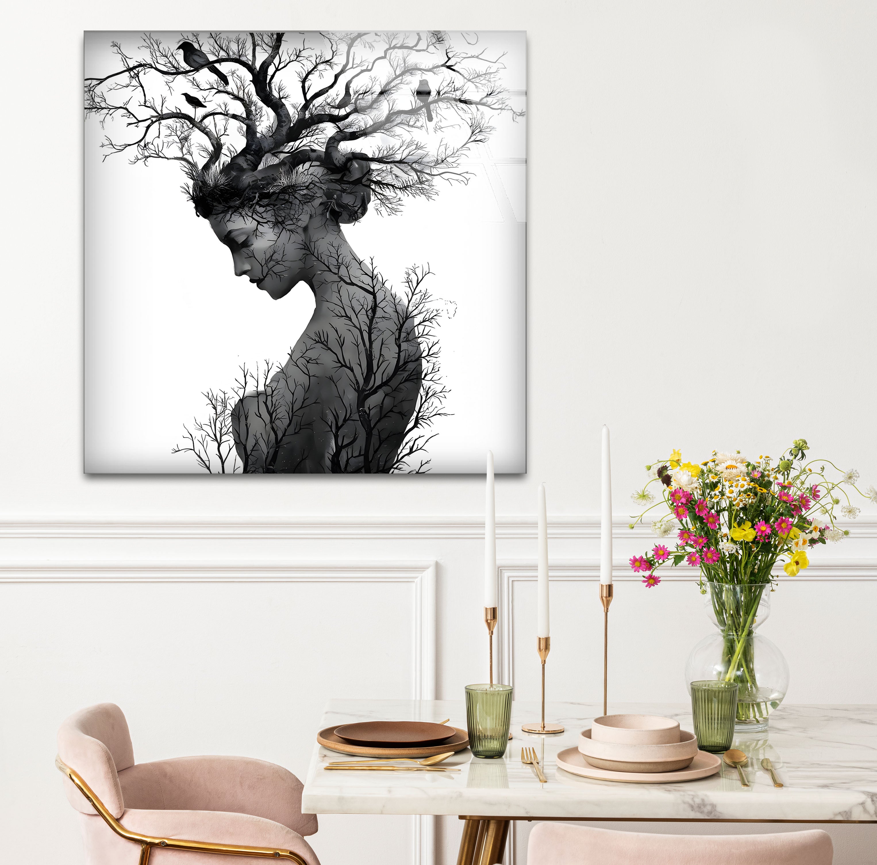 Black and White Mother Nature Glass Wall Art - Elegant Nature-Inspired Home Decor for Living Room, Bedroom & Office