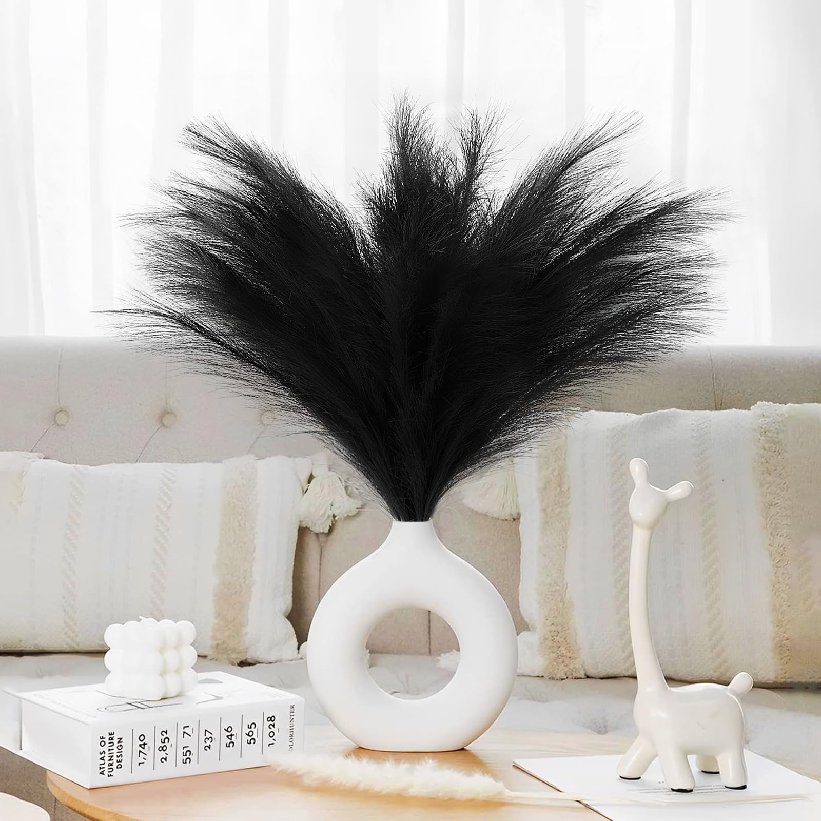 7 PCS 24 Inch Black Faux Pampas Grass Decor - Fluffy Artificial Pompous Grass Stems for Vase Filler, Table Centerpiece, Home, Office & Boho Wedding Decor - Perfect for Living Room, Bedroom & Event Styling