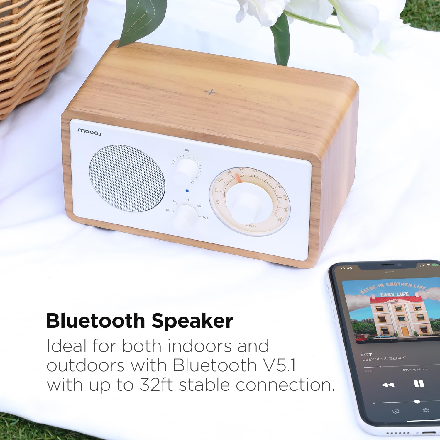 Mooas Retro Bluetooth Speaker with Wireless Charging - 10W Fast Charger, FM Radio, SD/Aux Input, Analog Volume Knob - Compatible with iPhone, Galaxy, Airpods, Galaxy Buds - Perfect for Home, Office & Outdoor Use