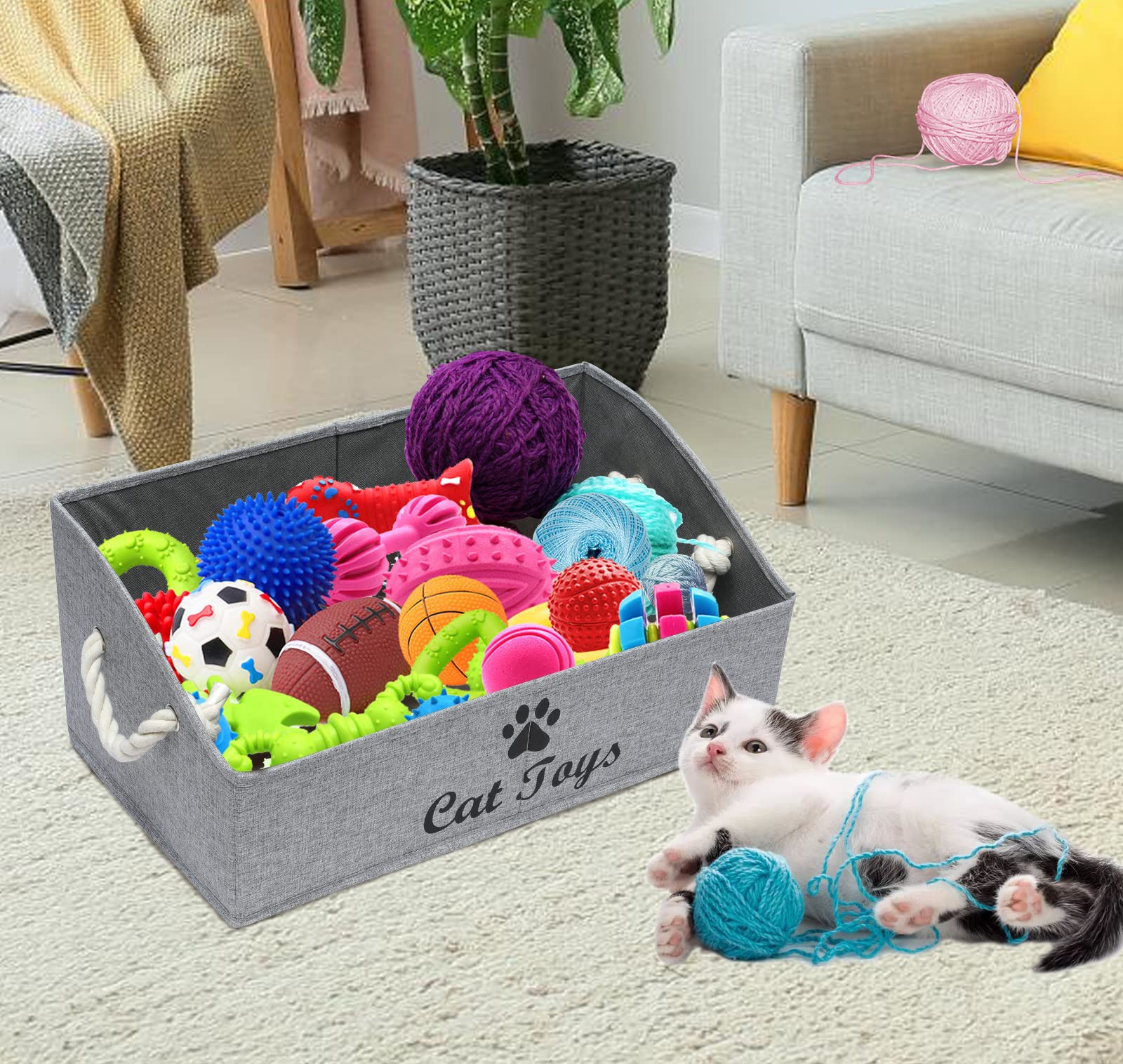 Large Cat Toy Storage Bin - Collapsible Shallow Basket for Living Room, Playroom & Closet Organization - Snow Gray Rectangle Cat Toy Box | Perfect for Pet Toys, Home Decor & Kids Room Storage