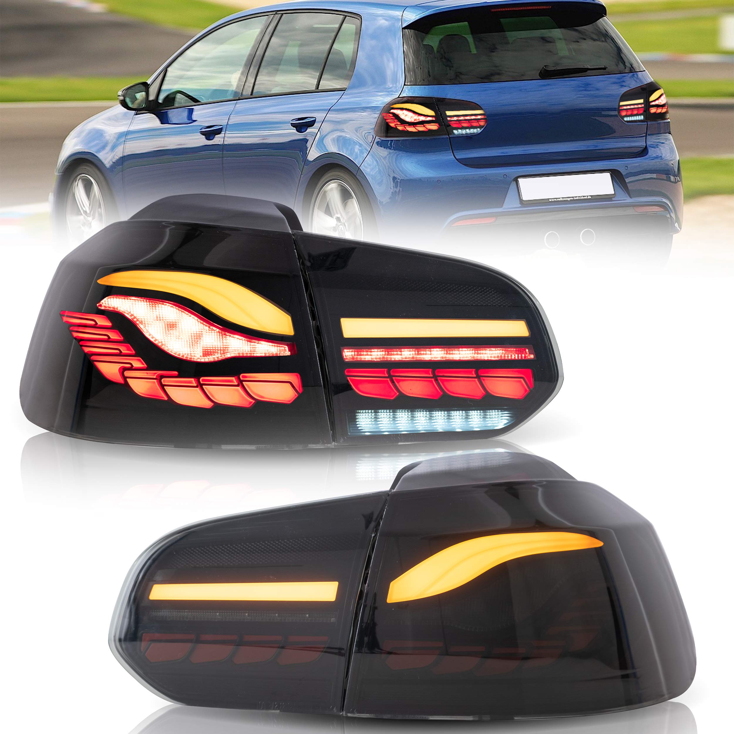 VLAND LED Tail Lights for 2010-2014 Volkswagen Golf 6 - Smoked Sequential Turn Signal Taillights with Dynamic Effects - Plug & Play Direct Replacement (Not Compatible with GTI) - Perfect for Night Driving & Car Customization