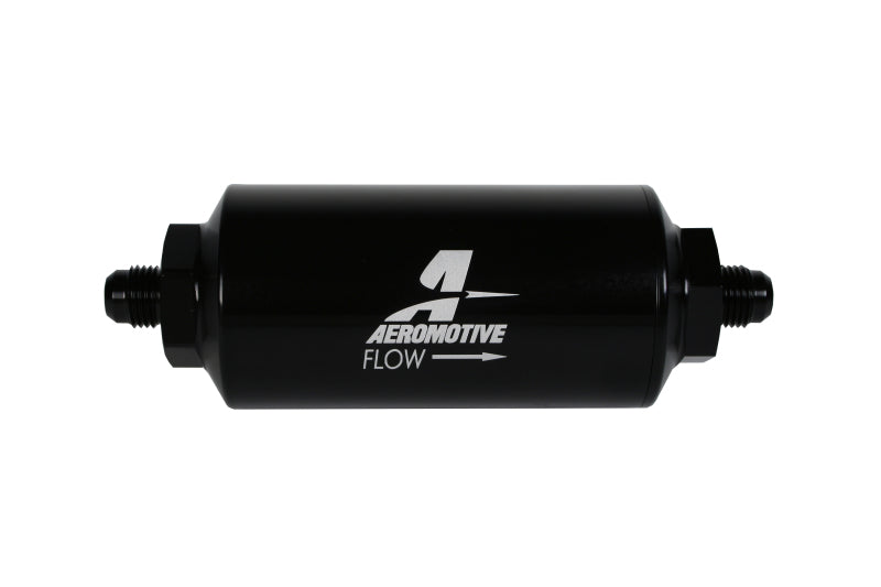 Aeromotive AN-6 Male Inline Fuel Filter - 10 Micron Fabric Element, Bright Dip Black Finish - High Performance Fuel Filtration for Racing & Automotive Applications