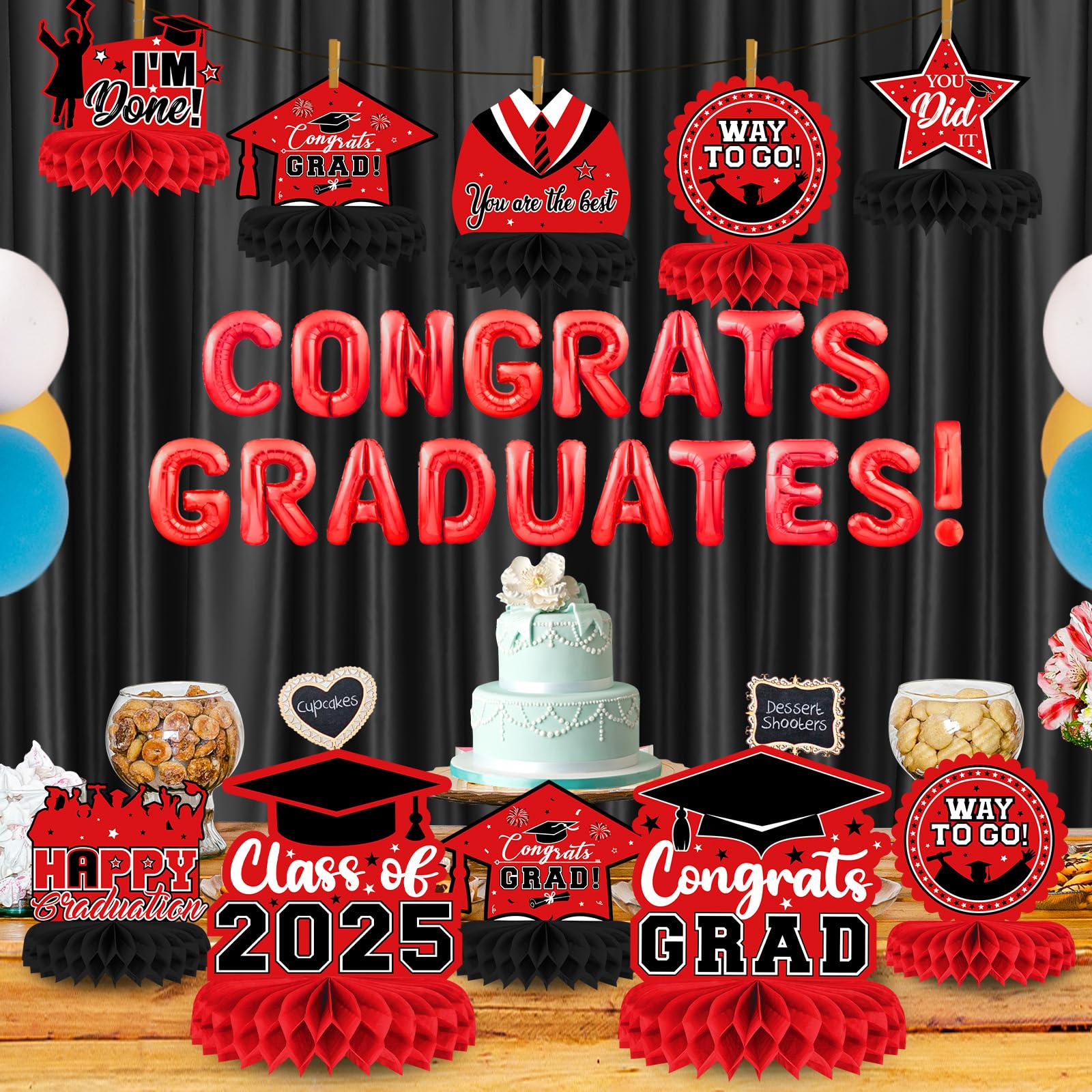8-Piece Class of 2025 Graduation Table Decor Set - Red & Black Honeycomb Centerpieces for 2025 Grad Party | Congrats Grad Table Toppers | Perfect for Graduation Ceremony Decorations & Party Favors