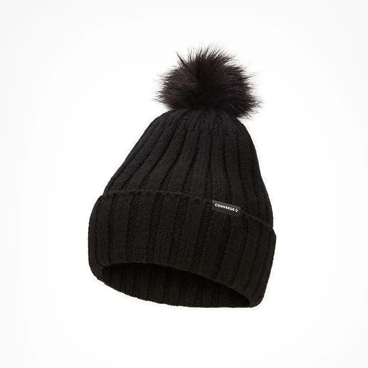 Converse Black Pom Pom Beanie - Winter Knit Hat for Men & Women - Cozy & Stylish for Cold Weather, Outdoor Activities, and Casual Wear