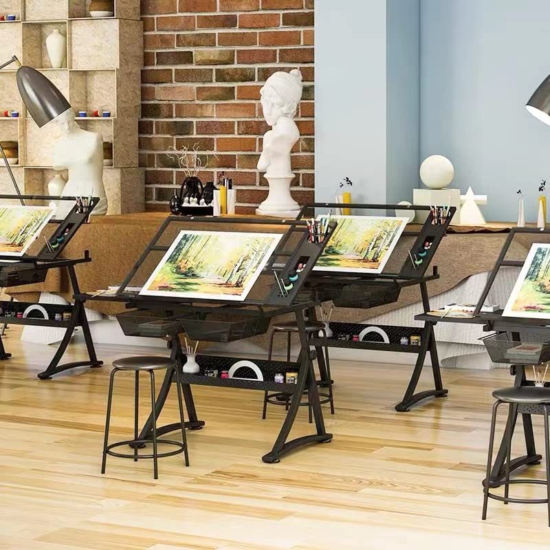 Adjustable Tilted Glass Craft Table - Drafting & Drawing Desk for Artists, Hobbyists & Writers - Perfect for Studio, Home Office & Creative Workspaces (Black)