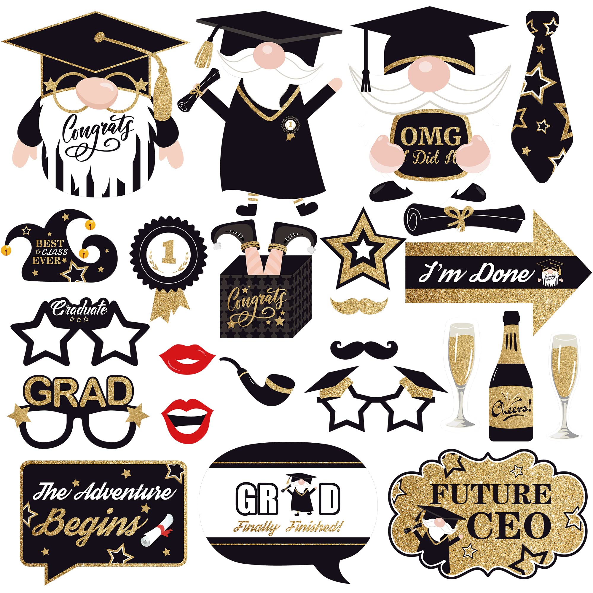 KatchOn Graduation Photo Booth Props 2024 - 25 Pack Black & Gold Class of 2025 Decorations | Perfect for Graduation Parties, Photo Shoots & Commencement Celebrations