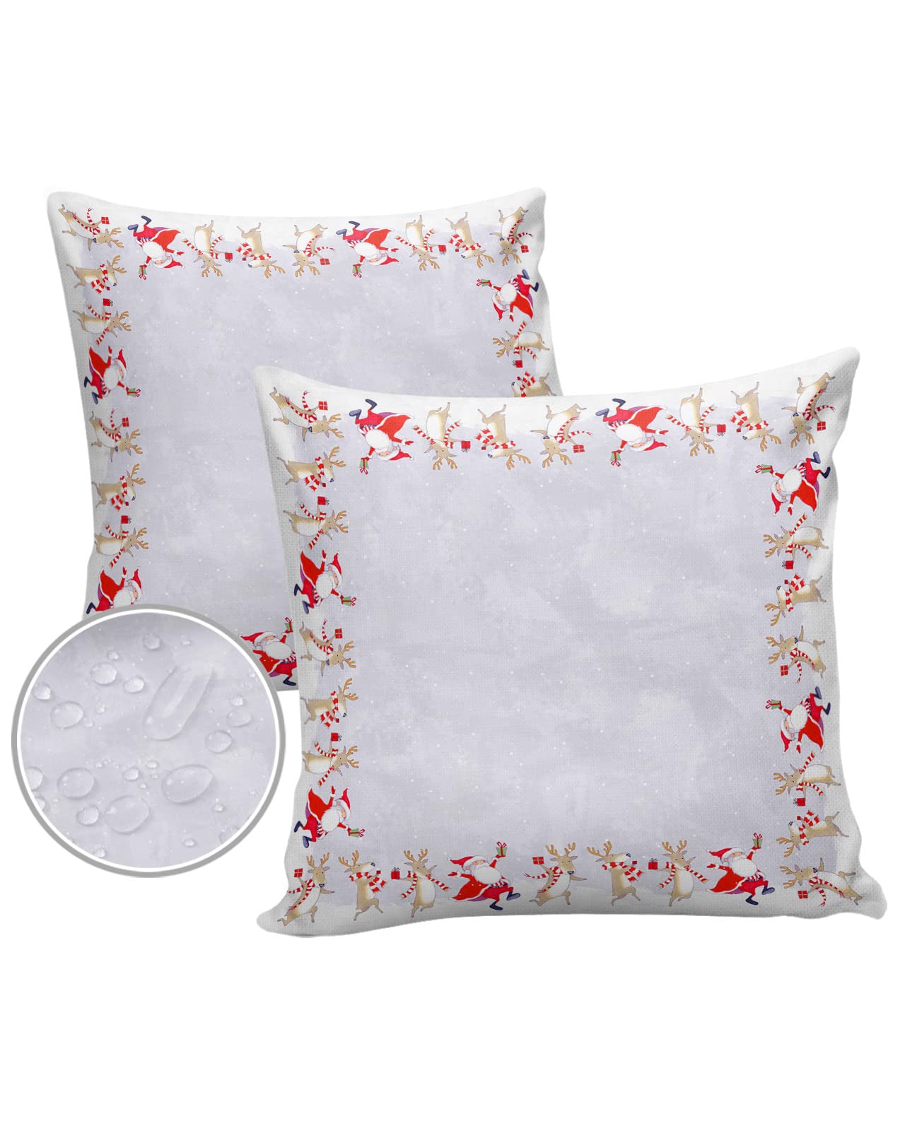 Waterproof 16x16 Outdoor Throw Pillow Covers Set of 2 - Dancing Santa Claus & Deer Design - Zippered Decorative Cushion Covers for Patio Furniture, Elk & Reindeer Snow Theme | Perfect for Christmas Decor, Living Room, Sofa & Garden