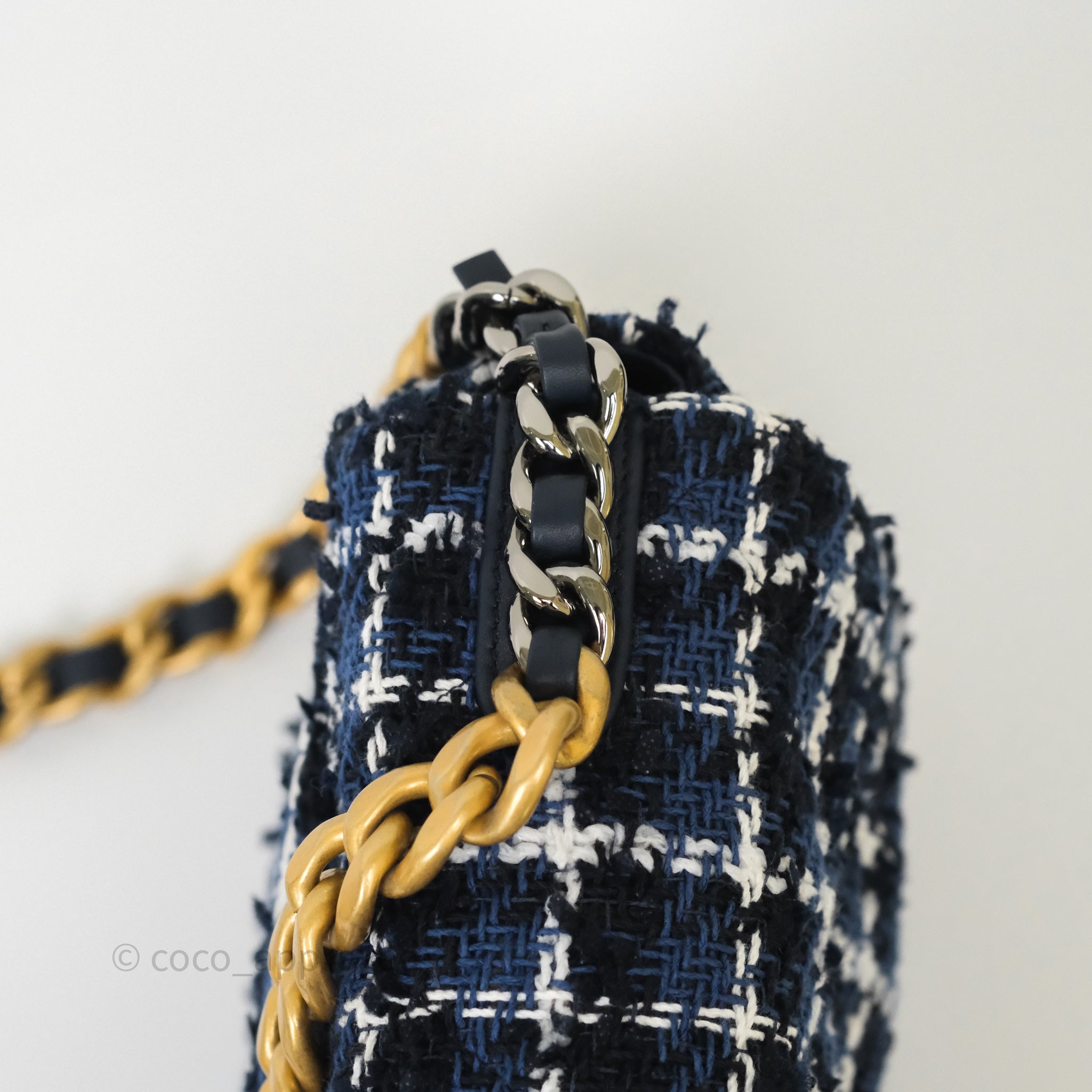 Chanel 19 Small Handbag in Blue, White & Black Grid Tweed with Mixed Hardware - Perfect for Work, Travel & Evening Events