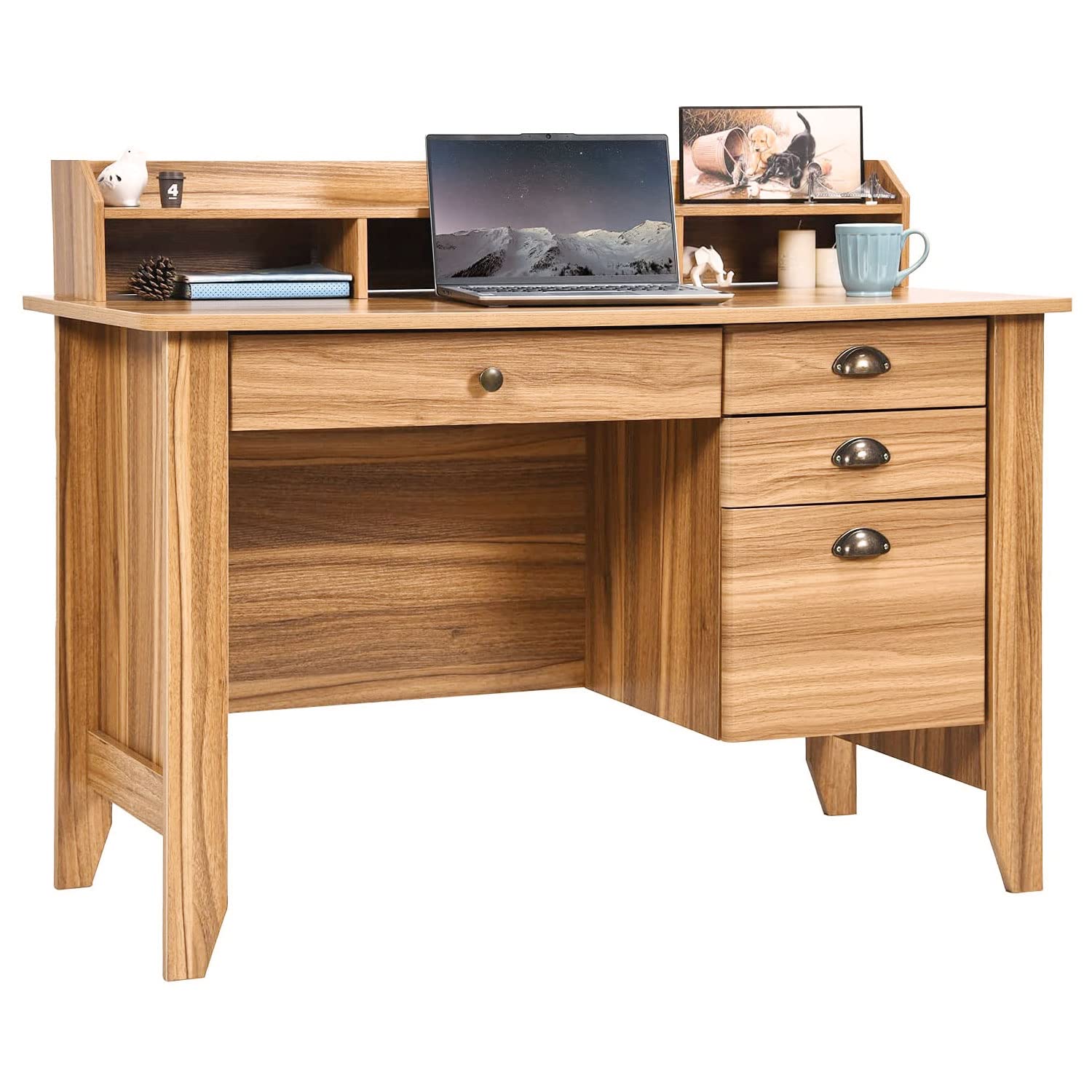 Farmhouse Style Computer Desk with Drawers & Hutch - Rustic Oak Wood Home Office Desk, Writing Table for Students & Professionals - Perfect for Small Spaces, Bedrooms & Home Offices - Organize Files & Boost Productivity
