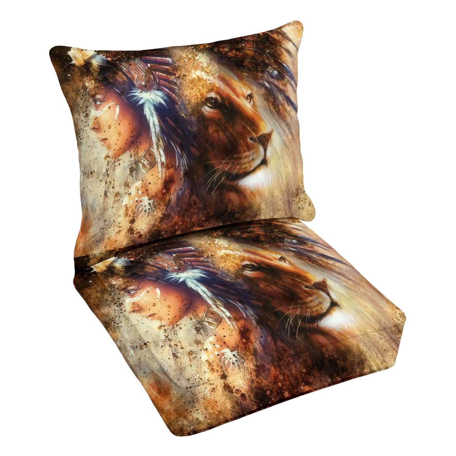 Premium Outdoor Deep Seating Cushion Set - Waterproof Patio Furniture Replacement Cushions for Lounge Chairs with Lion & Feather Headdress Design - Perfect for Backyard, Poolside & Garden Conversation Areas