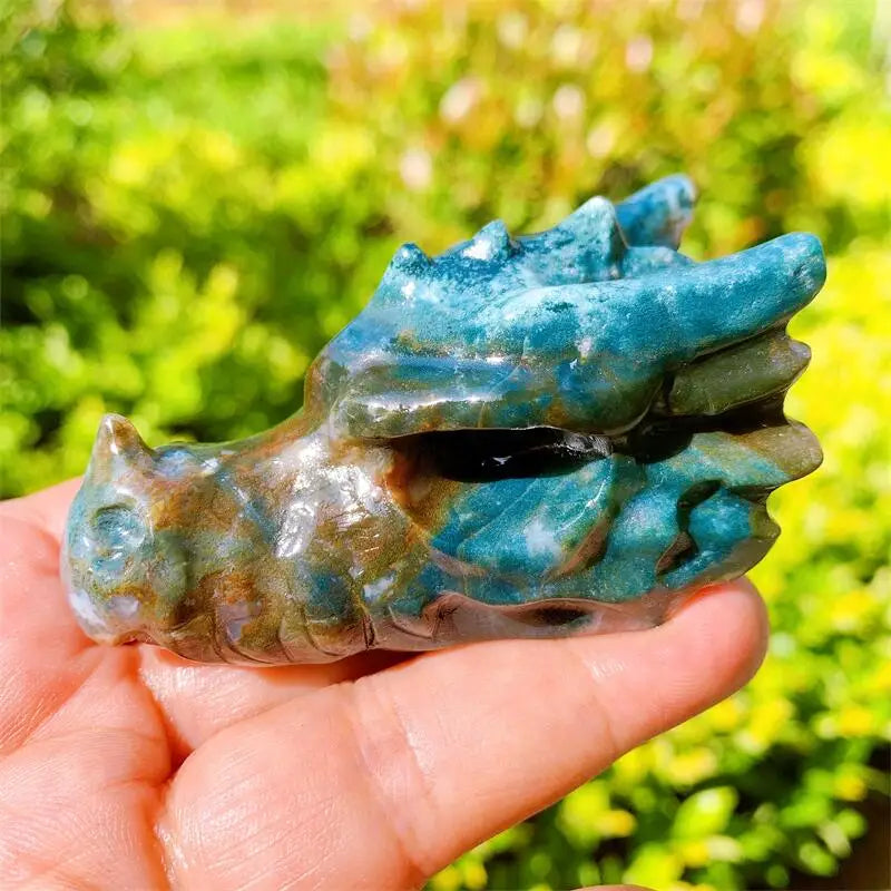 3 Inch Natural Ocean Jasper Dragon Skull Carving - Handcrafted Healing Crystal for Wicca Decor, Home Decoration & Spiritual Gifts | Feng Shui Energy Stone for Meditation, Altar Display & Positive Vibes