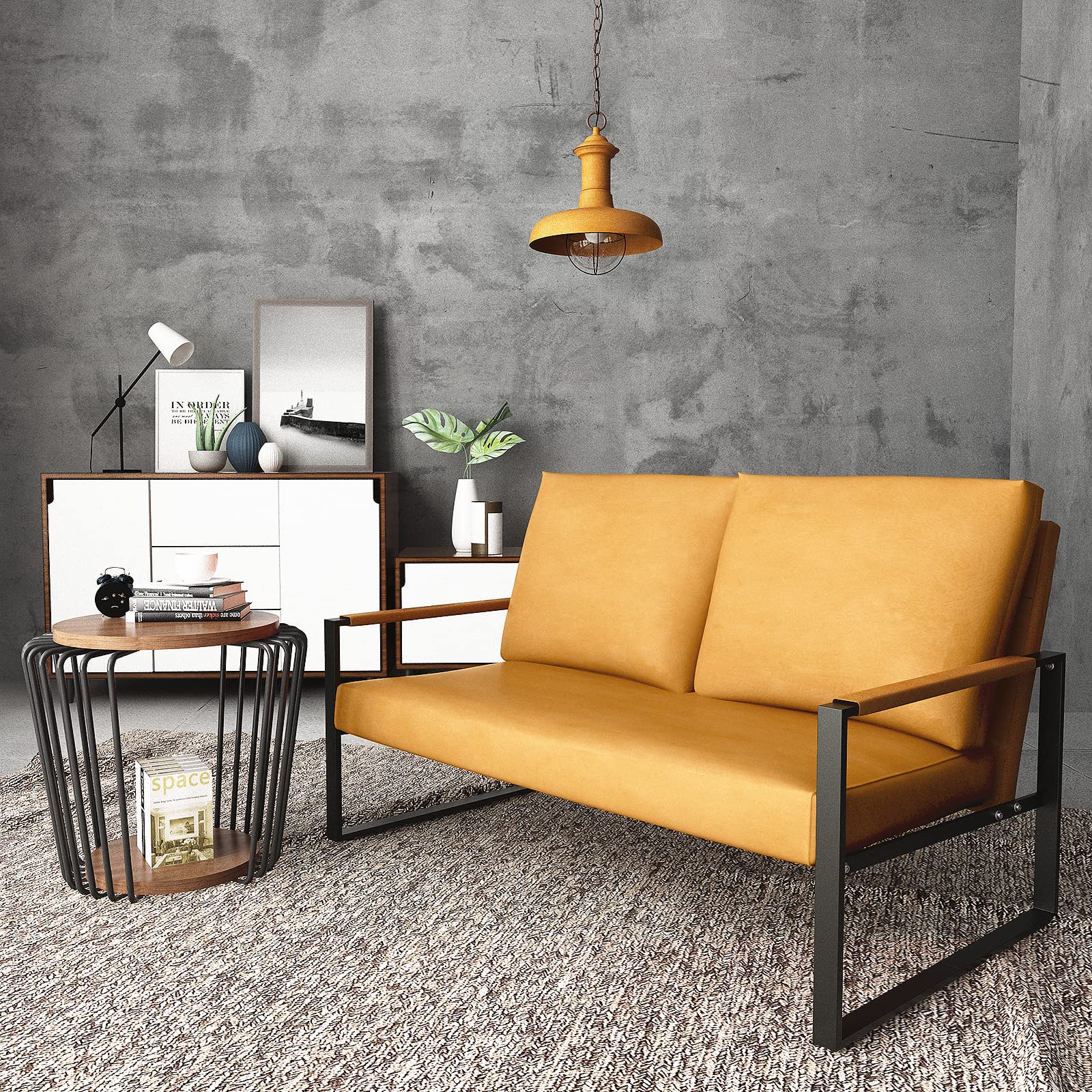 Recaceik 2-Piece Upholstered Accent Loveseat Set - Modern 2-Seater Armchair Sofa with Cushions & Anti-Scratch Foot Pads, Fabric Living Room Furniture for Small Spaces, Apartment, Dorm - Yellow