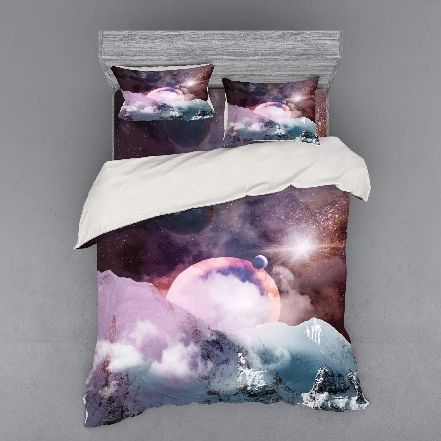 Ambesonne Galaxy Print Queen Size 4-Piece Bedding Set - Outer Space Planets Duvet Cover with Shams & Fitted Sheet in Pale Pink & Blue | Perfect for Astronomy Lovers & Sci-Fi Themed Bedrooms