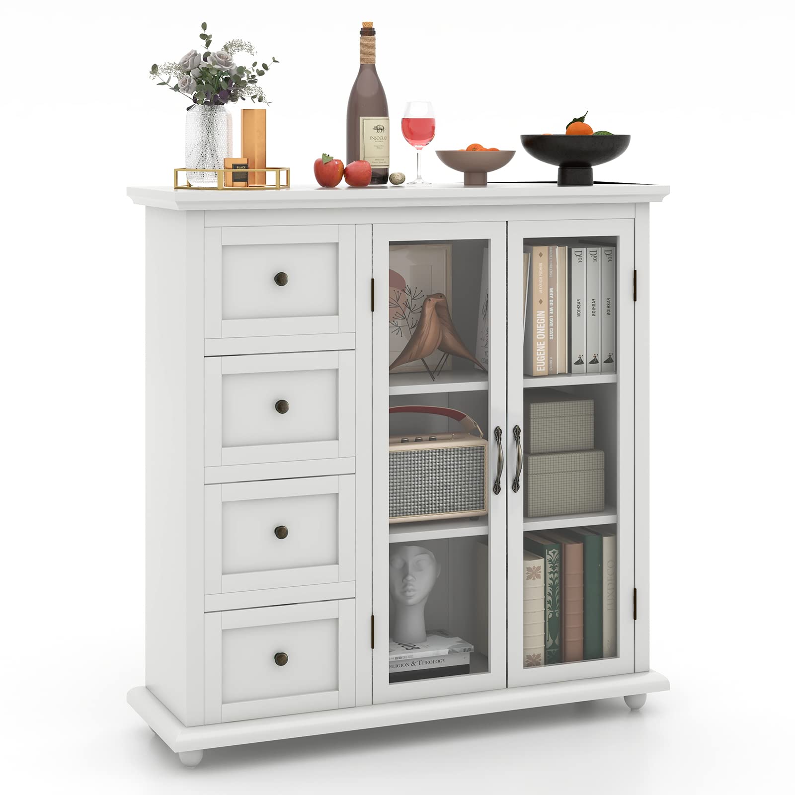 COSTWAY White Sideboard Cabinet with 4 Drawers & Glass Doors - Kitchen & Dining Room Storage