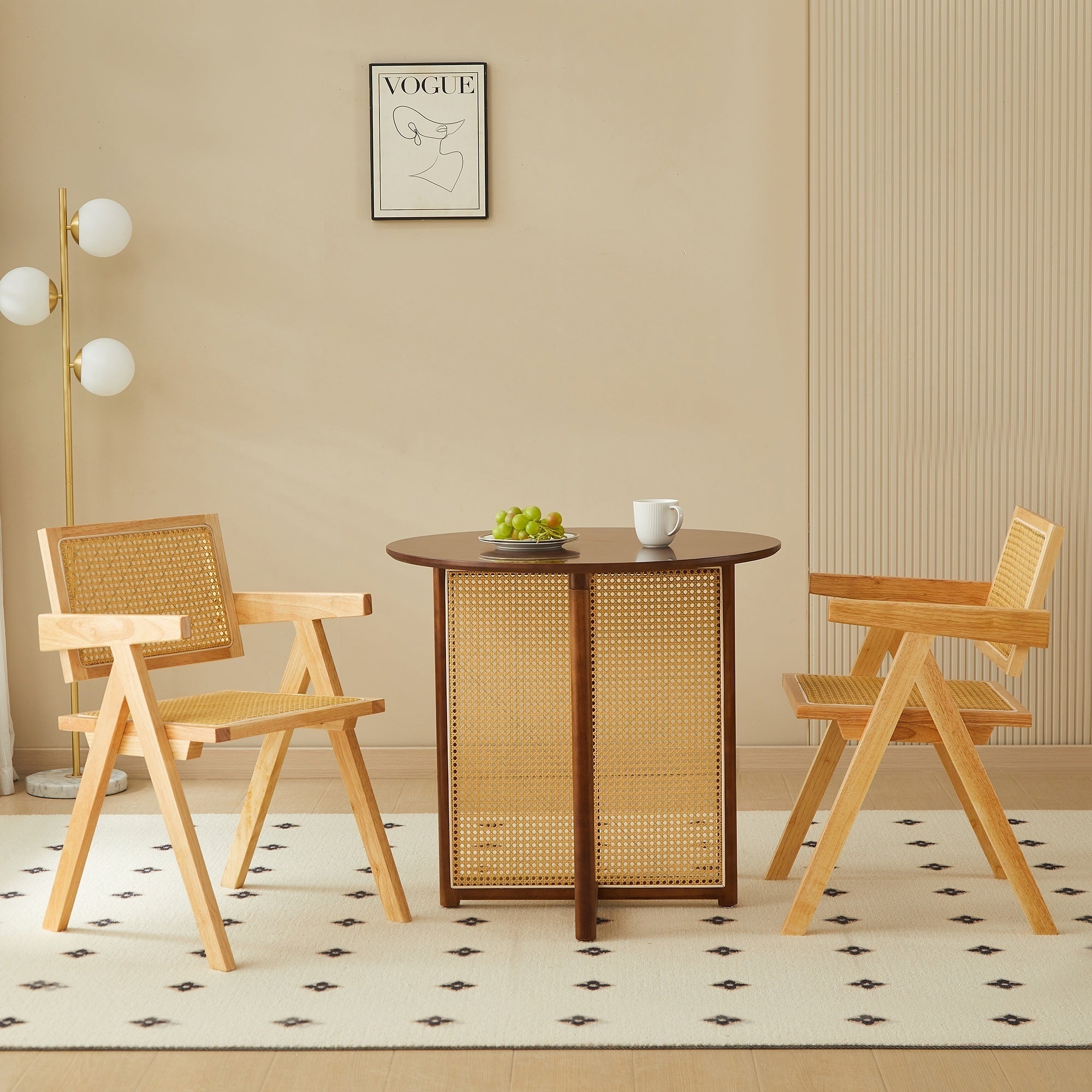 Solid Wood Dining Chairs with Armrests - Natural Rubber Wood & Rattan Woven Design for Kitchen, Dining Room, or Outdoor Patio
