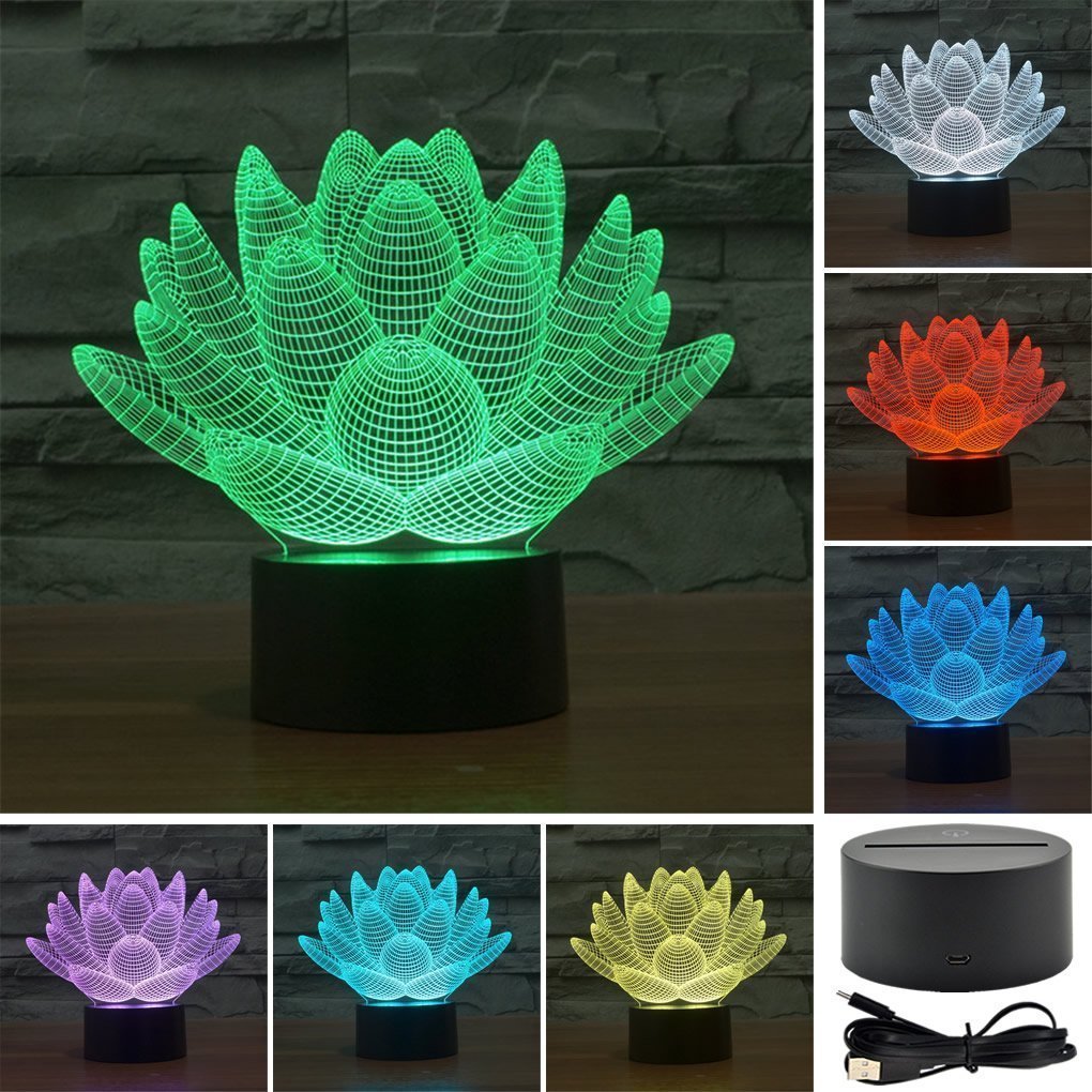EONSMN 3D LED Night Light - Optical Illusion Desk Lamp with 7 Color Changing Modes, Touch Control & USB Powered - Perfect for Kids' Bedroom, Home Decor, and Gift Giving (Lotus Design) - Creates a Soothing Ambiance for Nighttime Reading and Relaxation