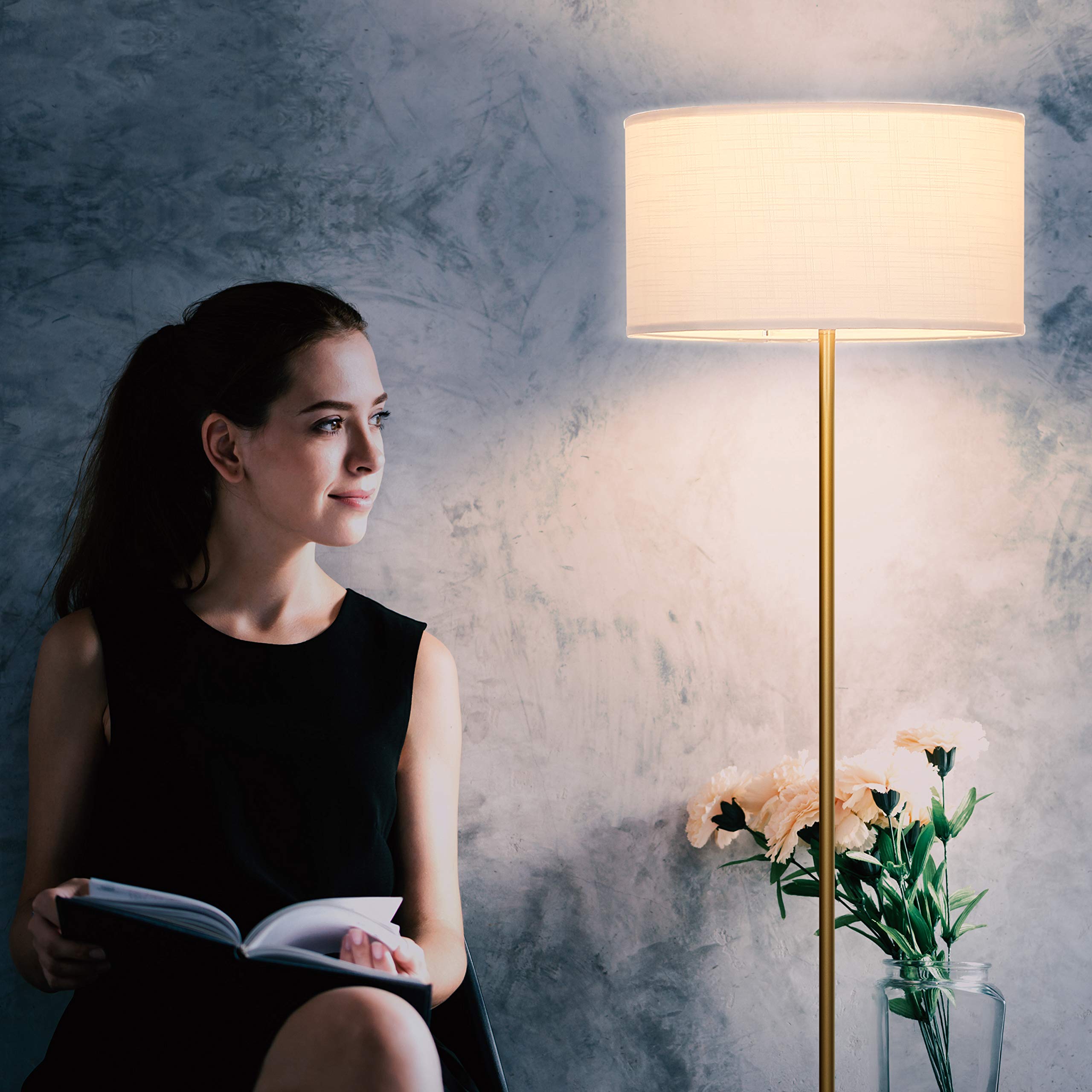 Brightech Quinn LED Floor Lamp - Modern Mid-Century Standing Lamp for Living Room, Bedroom & Office - Adjustable Tall Lamp with Heavy Base for Reading & Décor - Brass/Gold Finish - Perfect for Home Lighting & Workspace Illumination