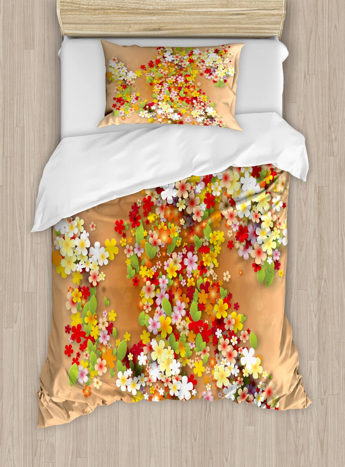 Ambesonne Floral Duvet Cover Set - 2 Pack Twin Size with 2 Duvet Covers & 2 Pillowcases, Orange Red and White Floral Pattern, Black Frame Illustration - Perfect for Summer Bedroom Decor, Guest Room, and Dorm Essentials
