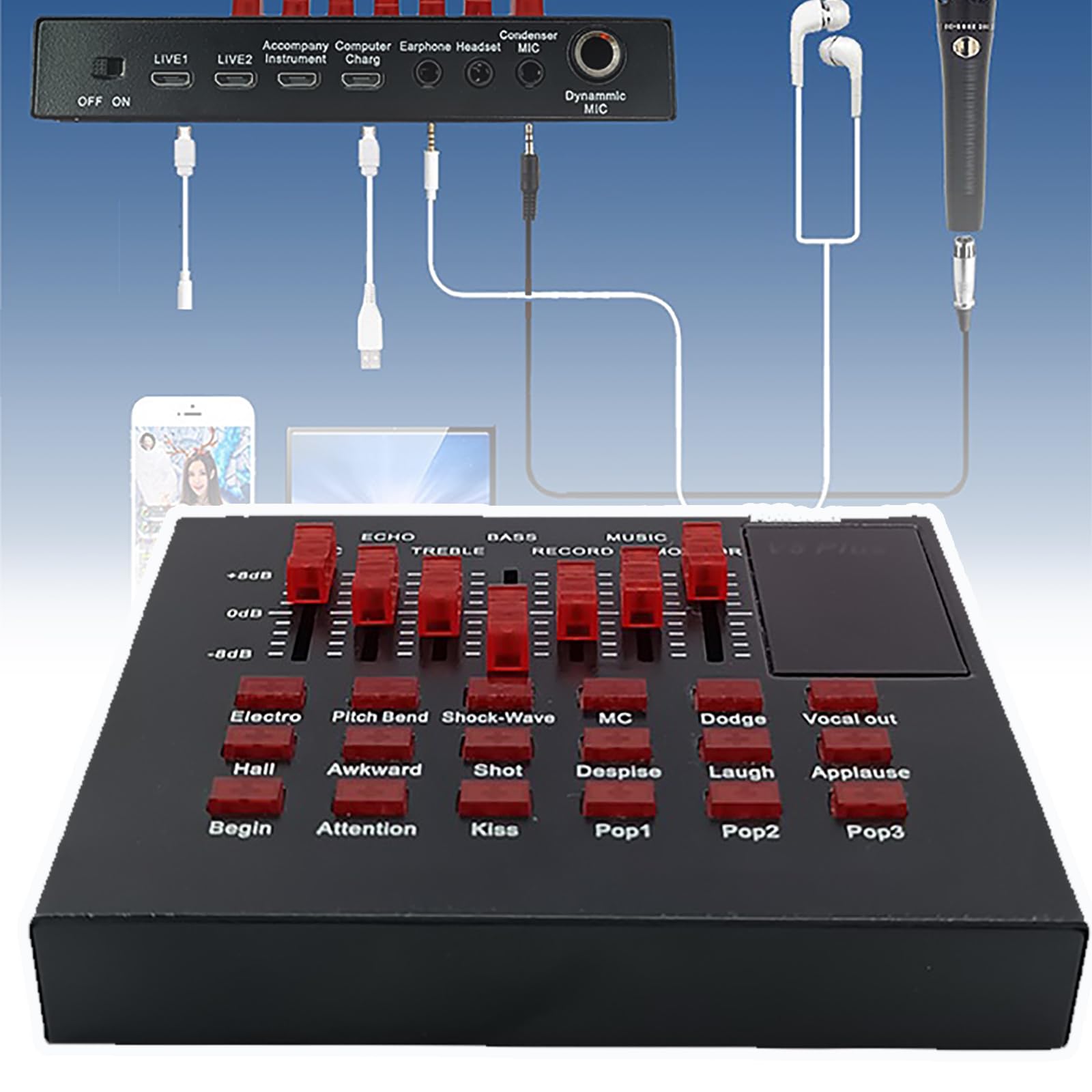 QIeAny Rechargeable USB Sound Card with 12 Voice Effects - Portable Audio Mixer for Live Streaming, Podcasting & Gaming - Compatible with PC, Mobile & Laptop (12-Hour Battery Life) - Perfect for TikTok, YouTube & Discord Voice Changer