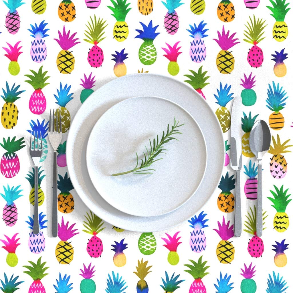 Premium Cotton Sateen Tablecloth 70x144 Inches - Pineapple Tropical Watercolor Design, White Summer Beach Table Linens with Rainbow Fruits Print | Perfect for Hawaiian Luau Parties, Outdoor Picnics, and Dining Room Decor