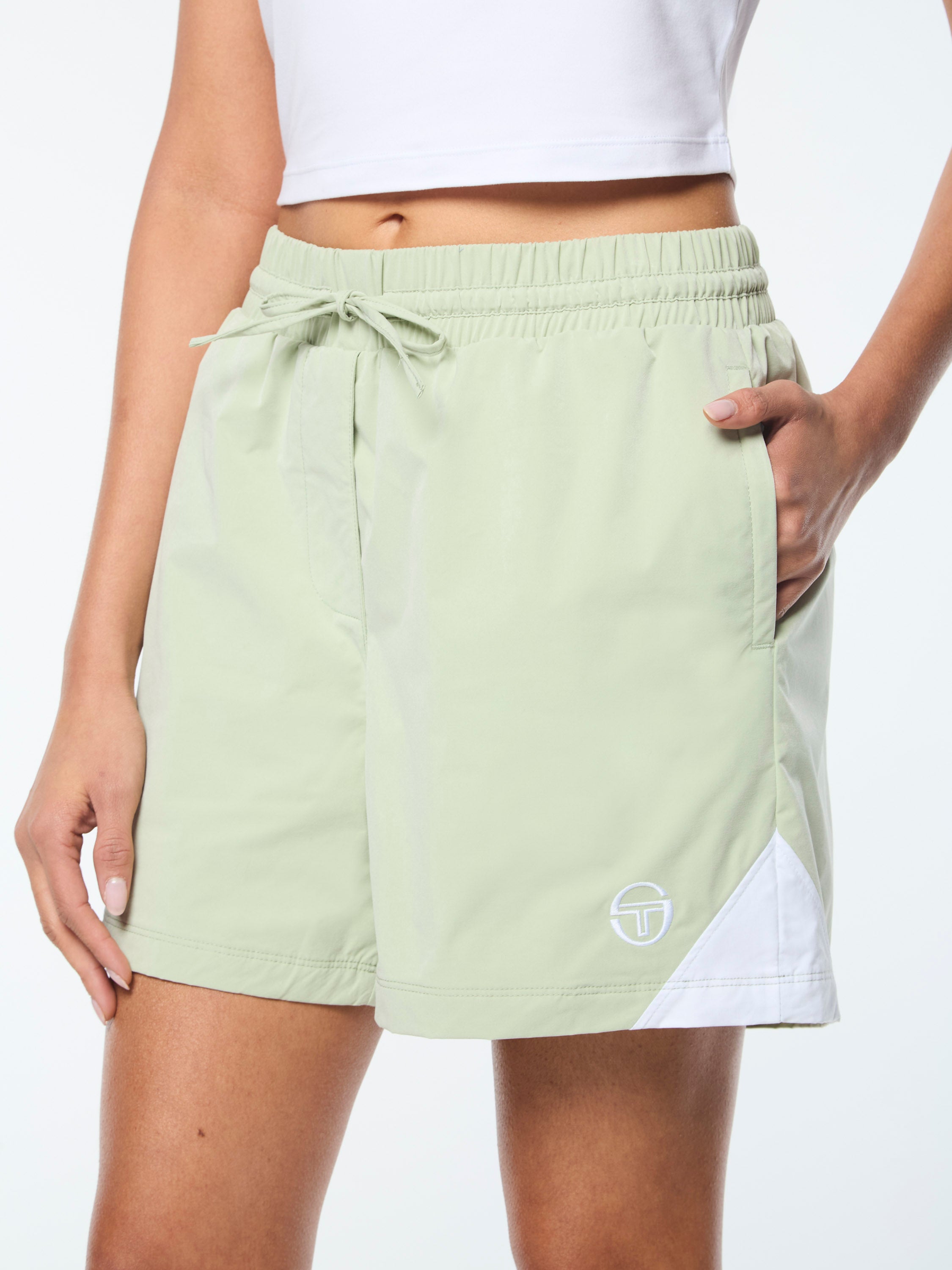 Pippa Track Shorts for Women - High Waist Running Shorts with Pockets - Reseda Green - Perfect for Gym, Yoga & Outdoor Activities