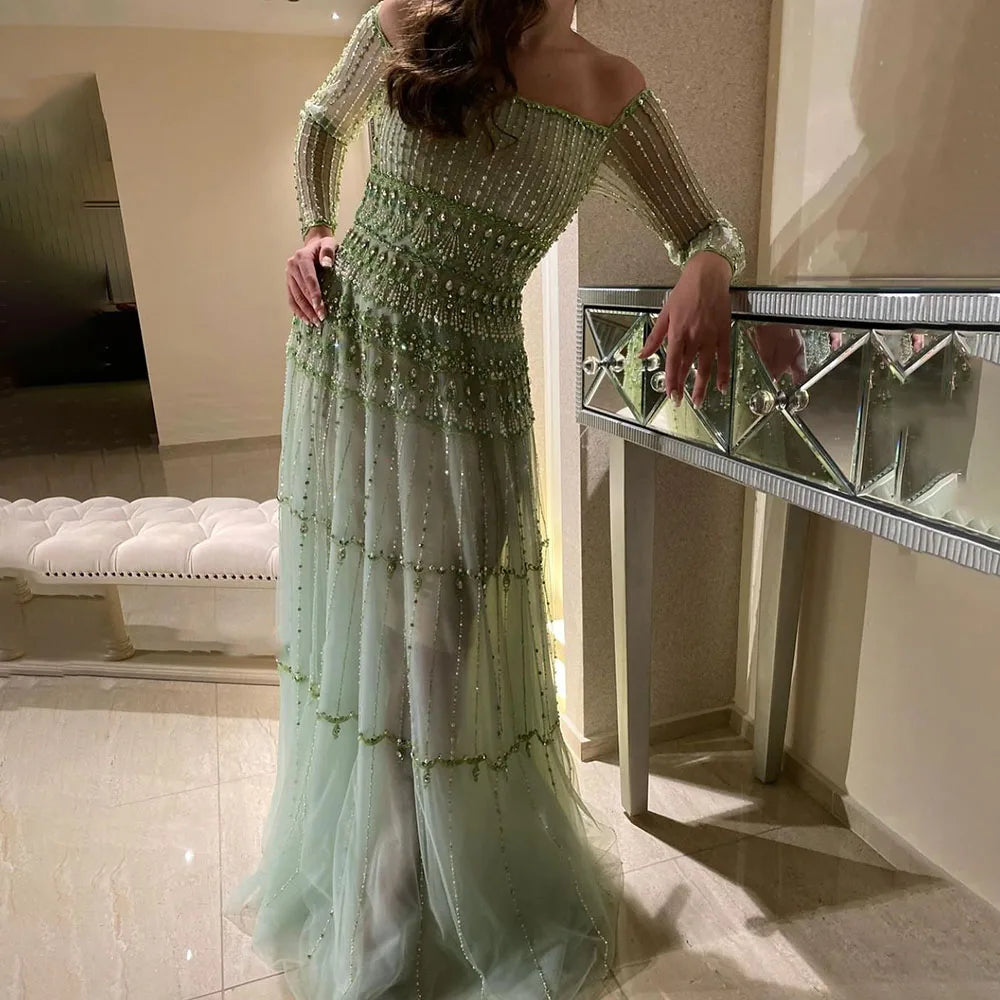 Serene Hill Dubai Arabic Sage Green Mermaid Luxury Evening Gown Beaded Party Dress for Women's Wedding 2025 LA72350 | Elegant Formal Gown for Prom, Red Carpet, Gala & Special Occasions