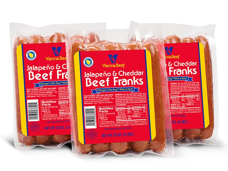 Vienna® Beef Jalapeno Cheddar Beef Franks - 6 Inch Hot Dogs, 6:1 Ratio, 2 lbs (3 Pack) - Perfect for BBQs, Camping & Game Day Parties