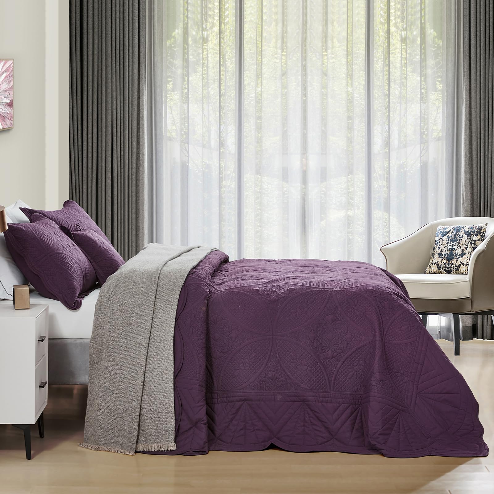 Full Size Bedspread Set - Modern & Contemporary Reversible Coverlet with Real Stitching, Lightweight 4-Piece Purple Bedding - Perfect for Guest Rooms, Master Bedrooms & Dorm Decor