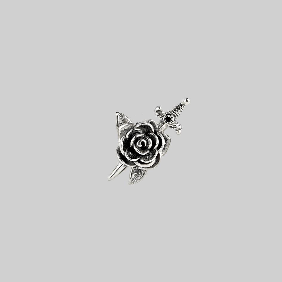 Rhapsody Dagger Through Rose Stud Earrings - Sterling Silver Gothic Jewelry for Women, Perfect for Punk Fashion, Gothic Parties & Alternative Style