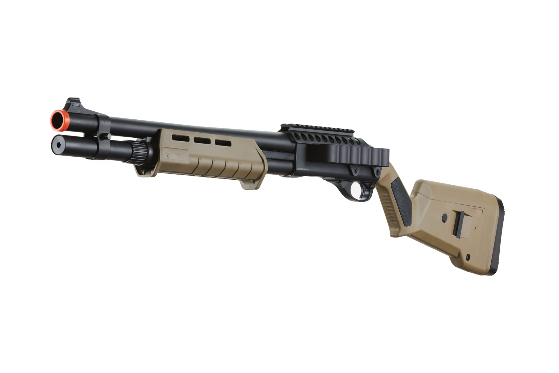 Golden Ball & Eagle M870 MP MLOCK Style 3/6-Shot Pump Action 350 FPS Gas Airsoft Shotgun - Tan with Holder | Tactical Training & Airsoft Battles | Outdoor Shooting & Survival Games
