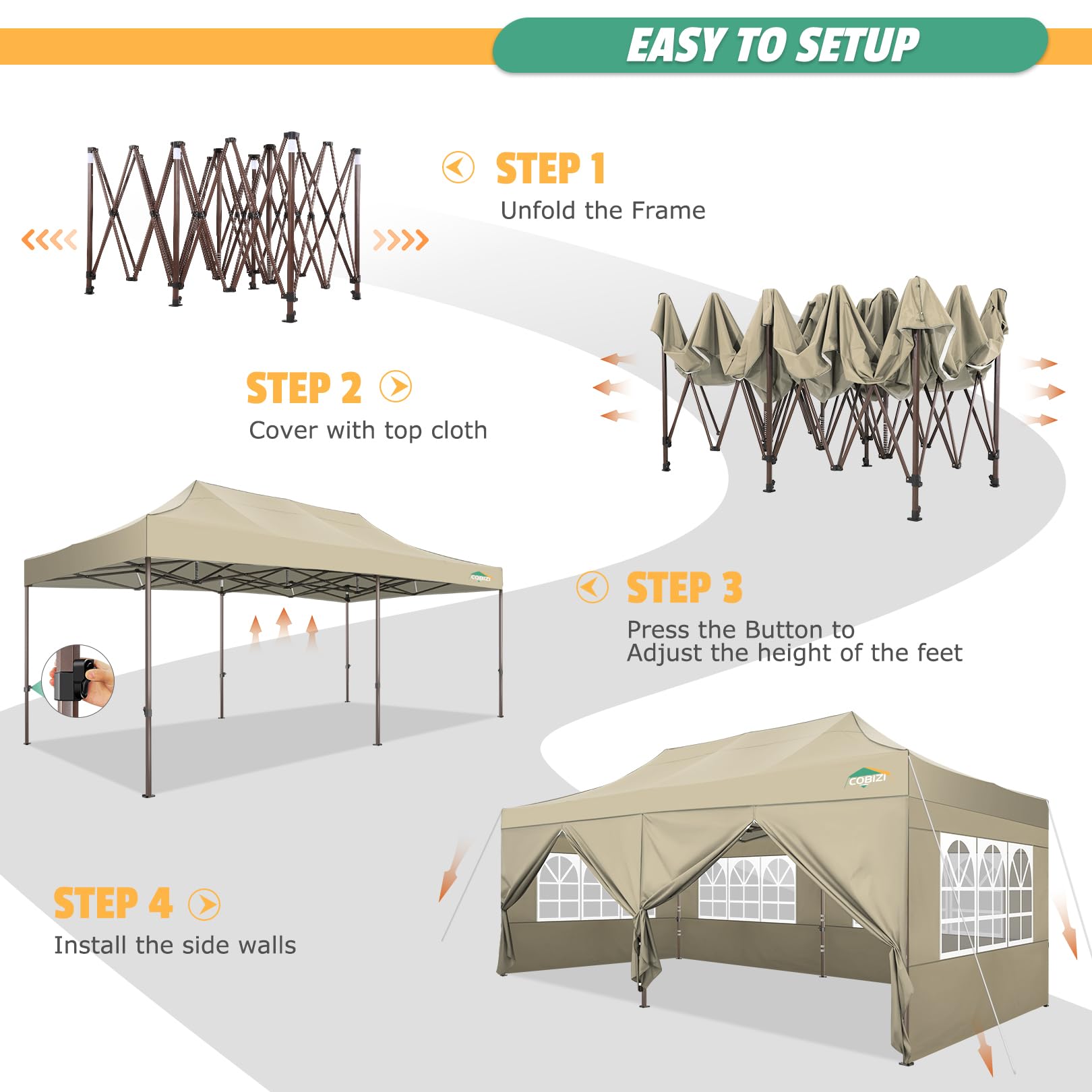 COBIZI 10x20 Heavy Duty Pop Up Canopy Tent with 6 Removable Sidewalls - Waterproof & UV 50+ Protection - Commercial Grade Party Tent for Weddings, Events, Outdoor Markets - Includes Upgraded Legs & Roller Bag - Perfect for Backyard Parties, Beach Gatherings, and Trade Shows