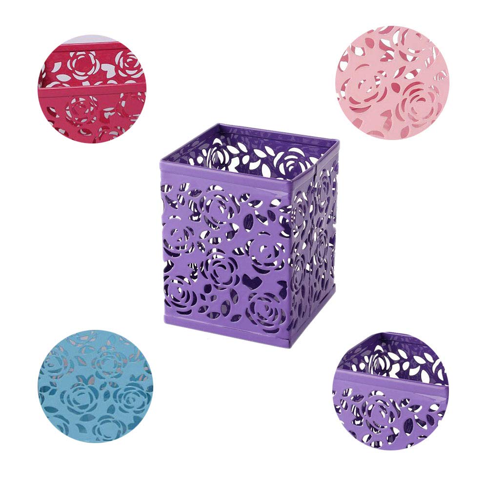 Elegant Hollow Rose Flower Pattern Square Pen Holder - Purple Desktop Stationery Organizer for Pencils, Rulers & Office Supplies | Perfect for Home, Office & School Desks
