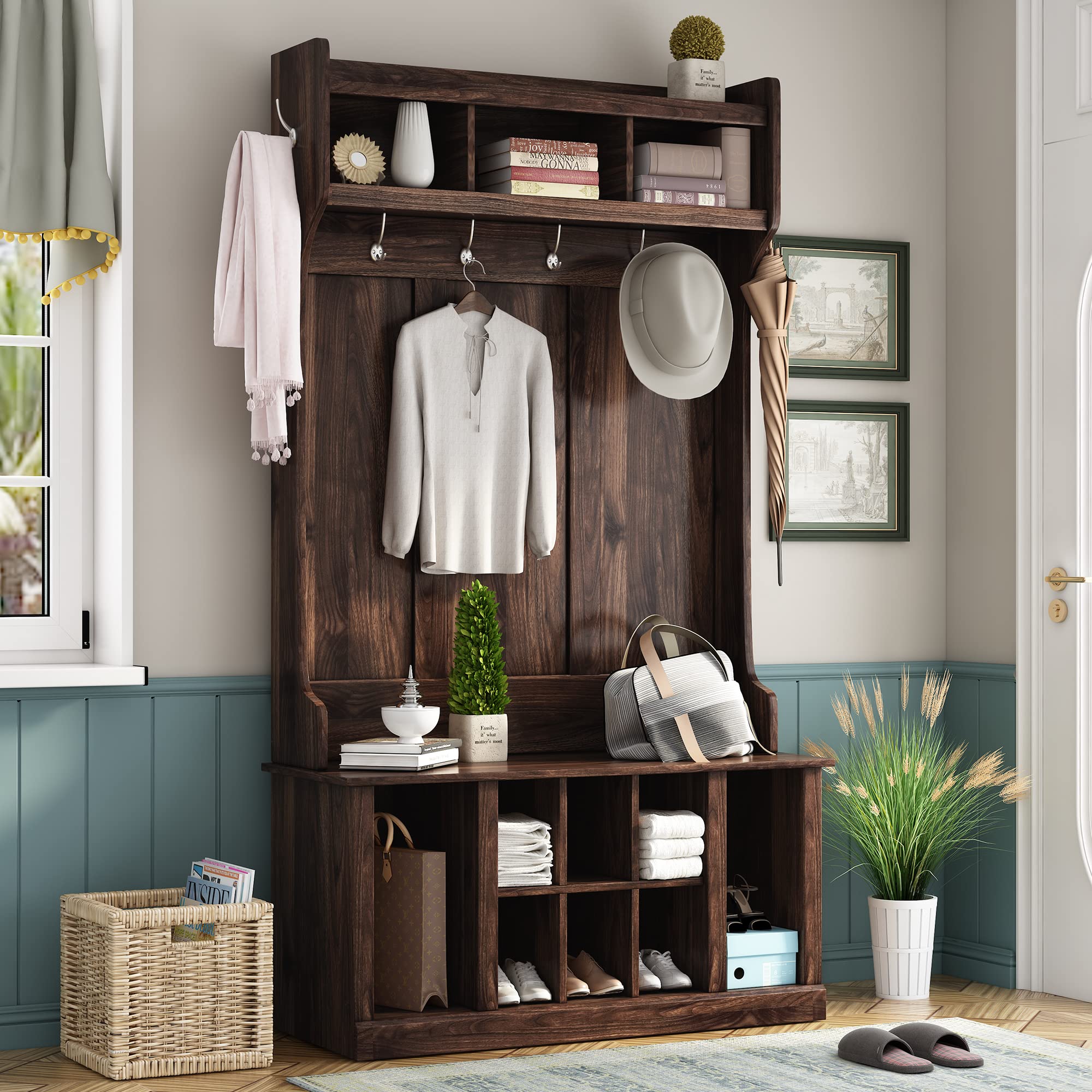 Hall Tree with Storage Bench & Coat Rack - 6 Hooks & Adjustable Shelf, Entryway Shoe Organizer for Hallway, Foyer, Porch - Perfect for Small Spaces & Home Organization (Brown)