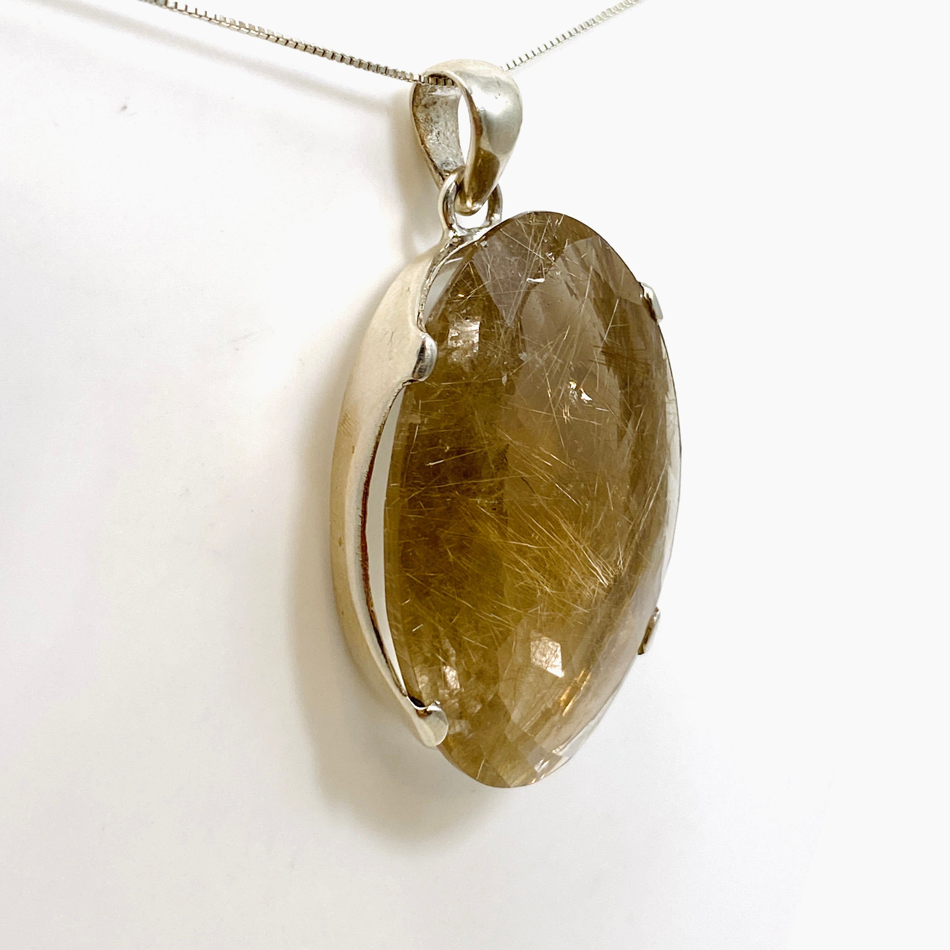 Golden Rutile Quartz Oval Checkerboard Faceted Pendant Necklace - Natural Gemstone Jewelry for Women - Perfect for Gifts, Weddings & Special Occasions