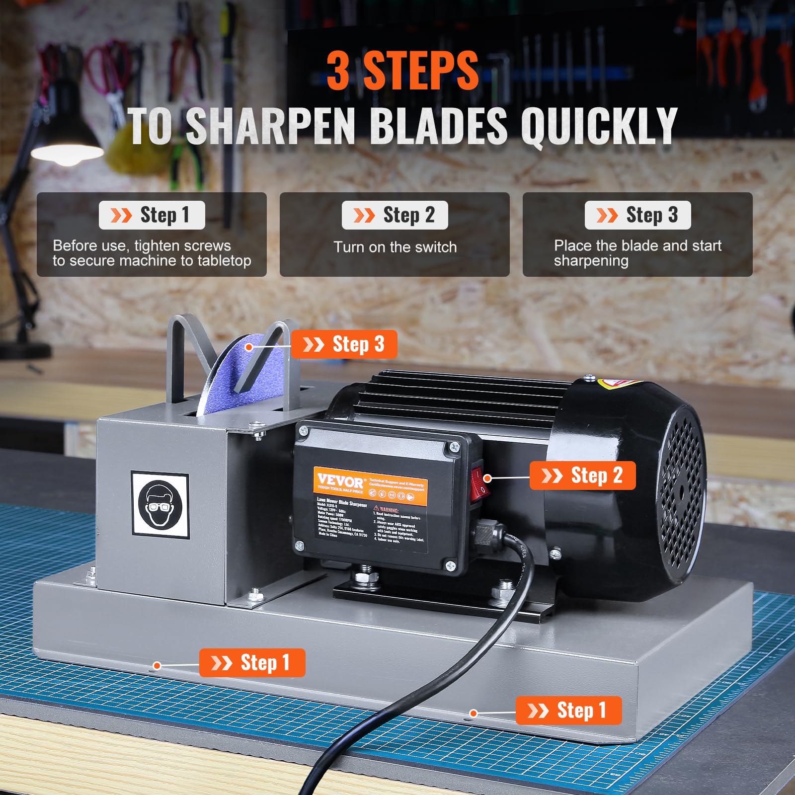 VEVOR 500W Lawn Mower Blade Sharpener - 2/3HP Bench Grinder with 7-inch Ceramic Wheel for High/Low Lift, Gator & Flat Blades | Professional Lawn Equipment Maintenance Tool for Home Garden & Landscaping