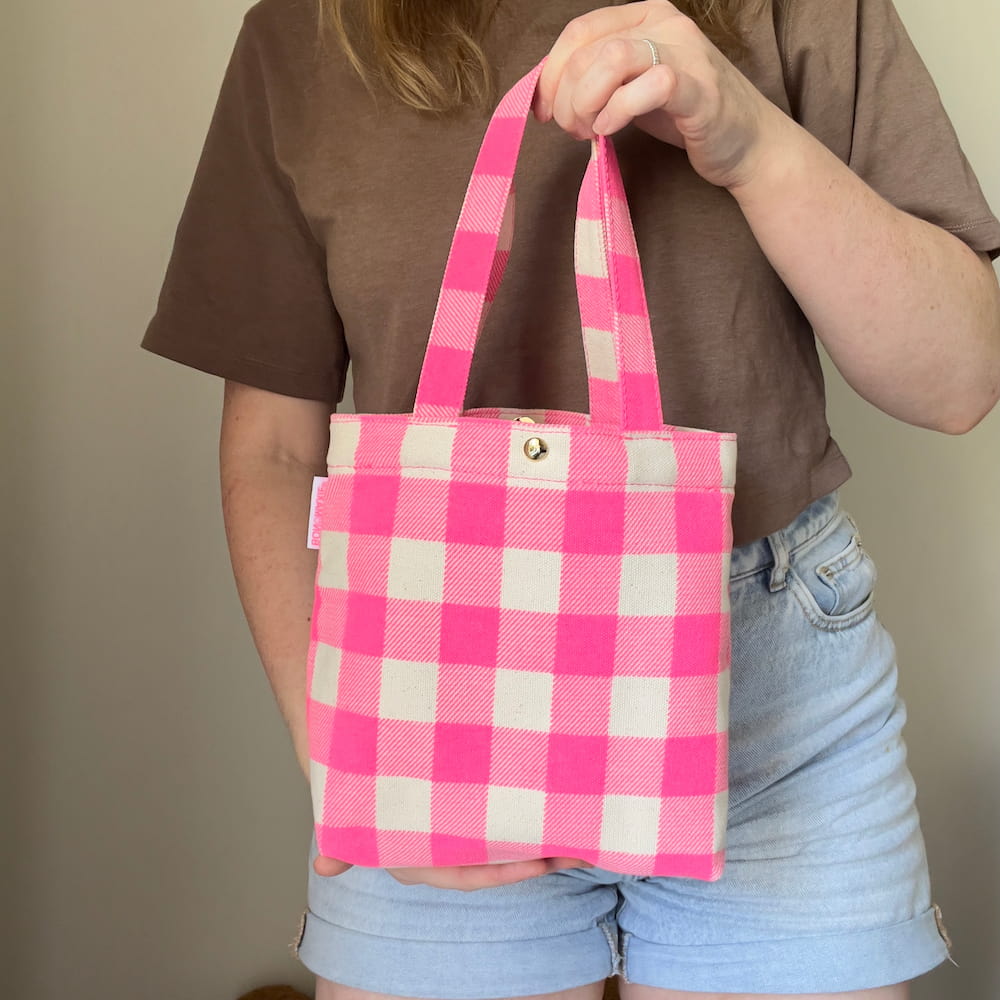 Mini Bonnie Tote Bag - Neon Pink Gingham Checkered Pattern Crossbody Shoulder Bag for Women | Perfect for Beach, Shopping & Daily Use