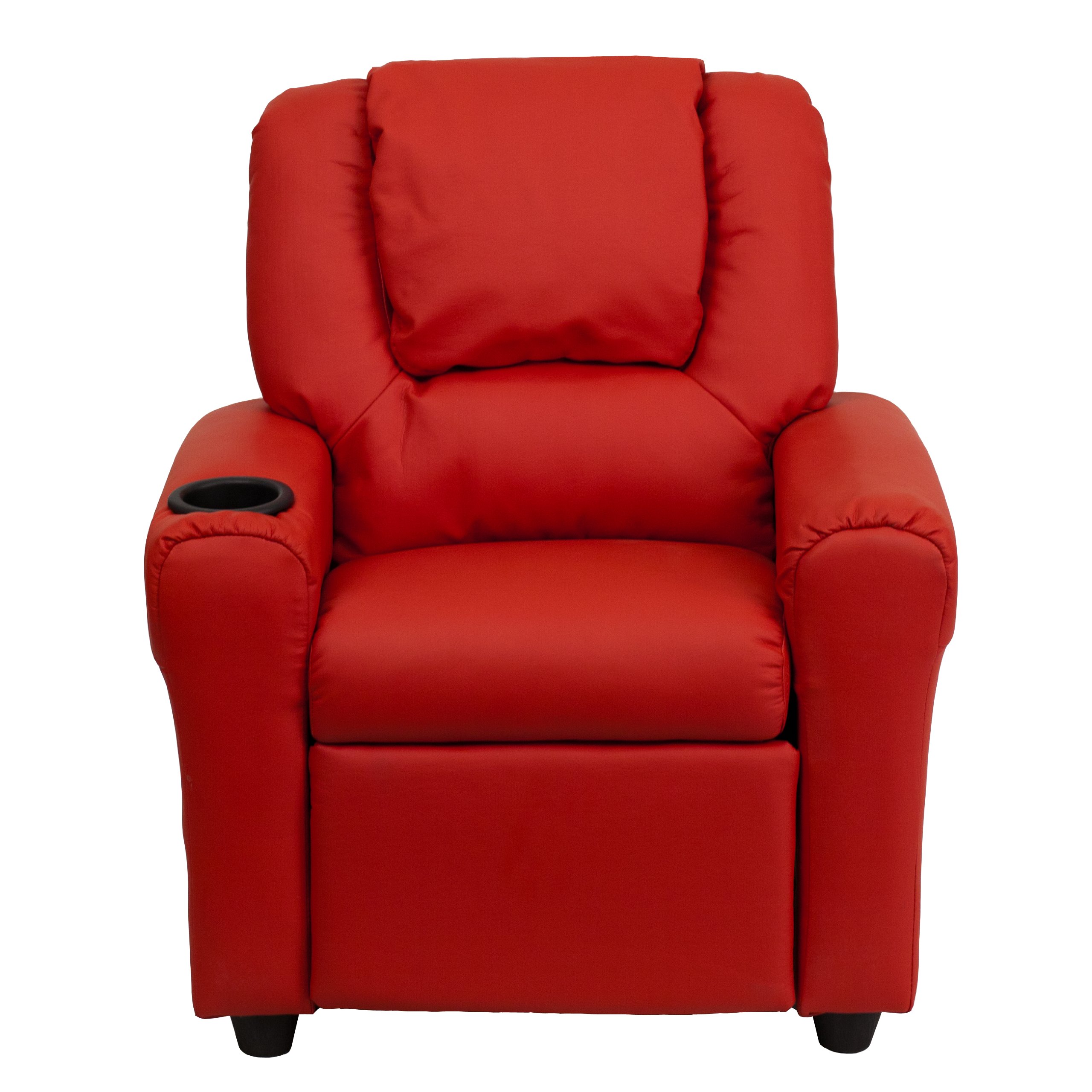 Comfy Red Vinyl Kids Recliner Chair with Cup Holder & Headrest - Perfect for Playrooms, Bedrooms & Movie Nights
