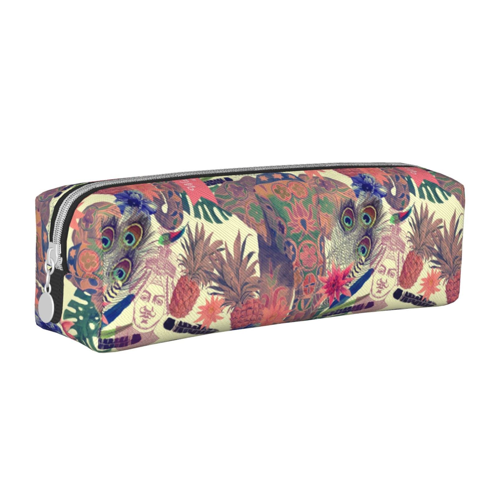 DIRYALAI Leather Pencil Case for School & Office - Small Pen Holder Stationery Pouch, Makeup Cosmetic Bag with Watercolor Indian Elephant & Peacock Design - Perfect for Students, Professionals & Travel Organization