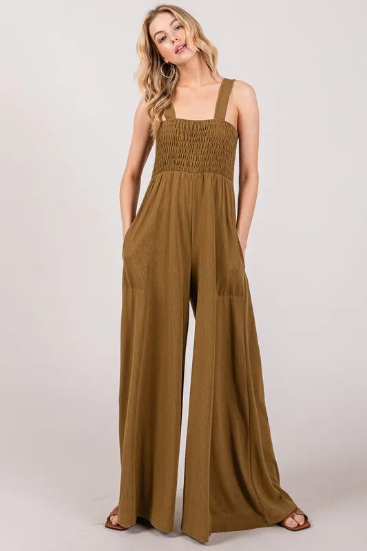 Olive Green Flowy Wide Leg Jumpsuit for Women - Boho Chic Romper with Pockets | Perfect for Summer Outfits, Beach Vacations & Casual Wear