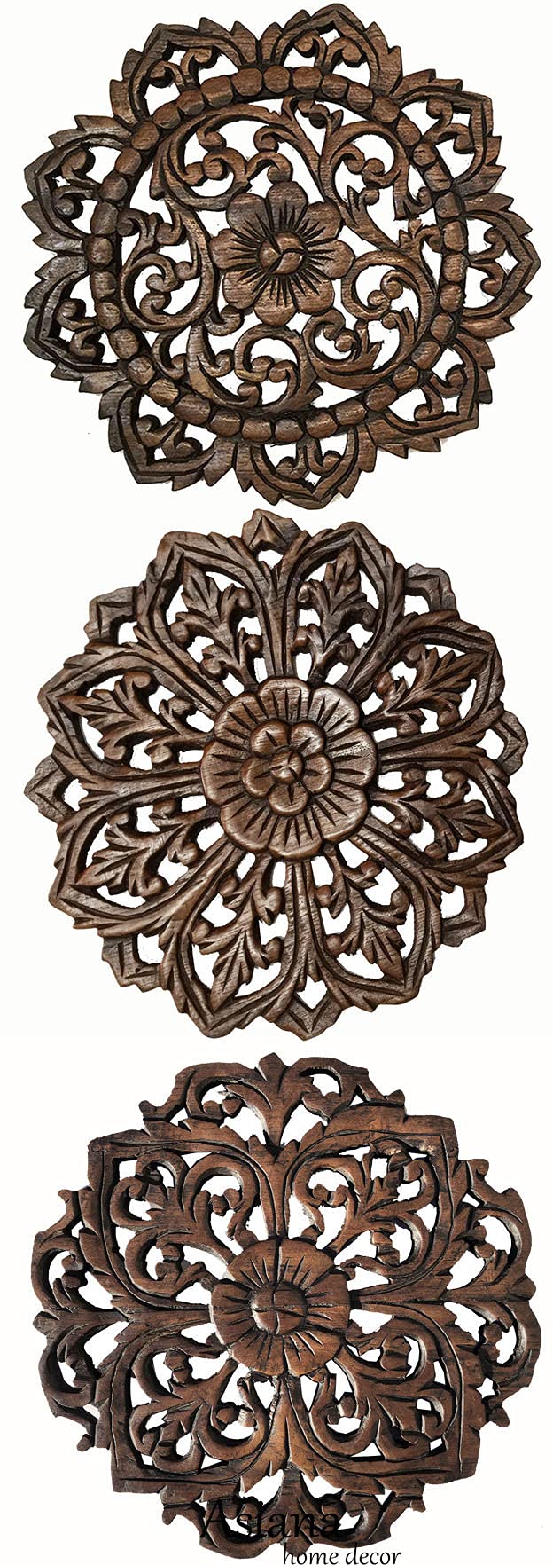 Asiana Home Decor Set of 3 Round Floral Teak Wood Wall Plaques - 12
