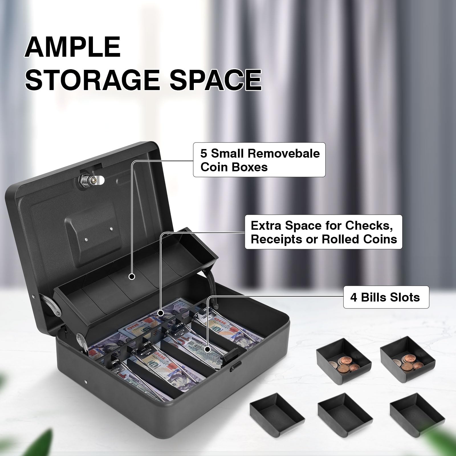 Durable Metal Cash Box with Lock & Key - 4 Bill & 5 Coin Slots, Cantilever Design - Secure Money Storage for Retail, Home & Office Use