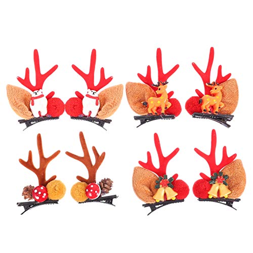 Beaupretty 4 Pairs Christmas Fur Ball Hair Clips - Reindeer Antler Fawn Horn Hairpins for Kids | Xmas Hair Accessories & Headdress | Perfect for Holiday Parties, School Plays & Festive Photos