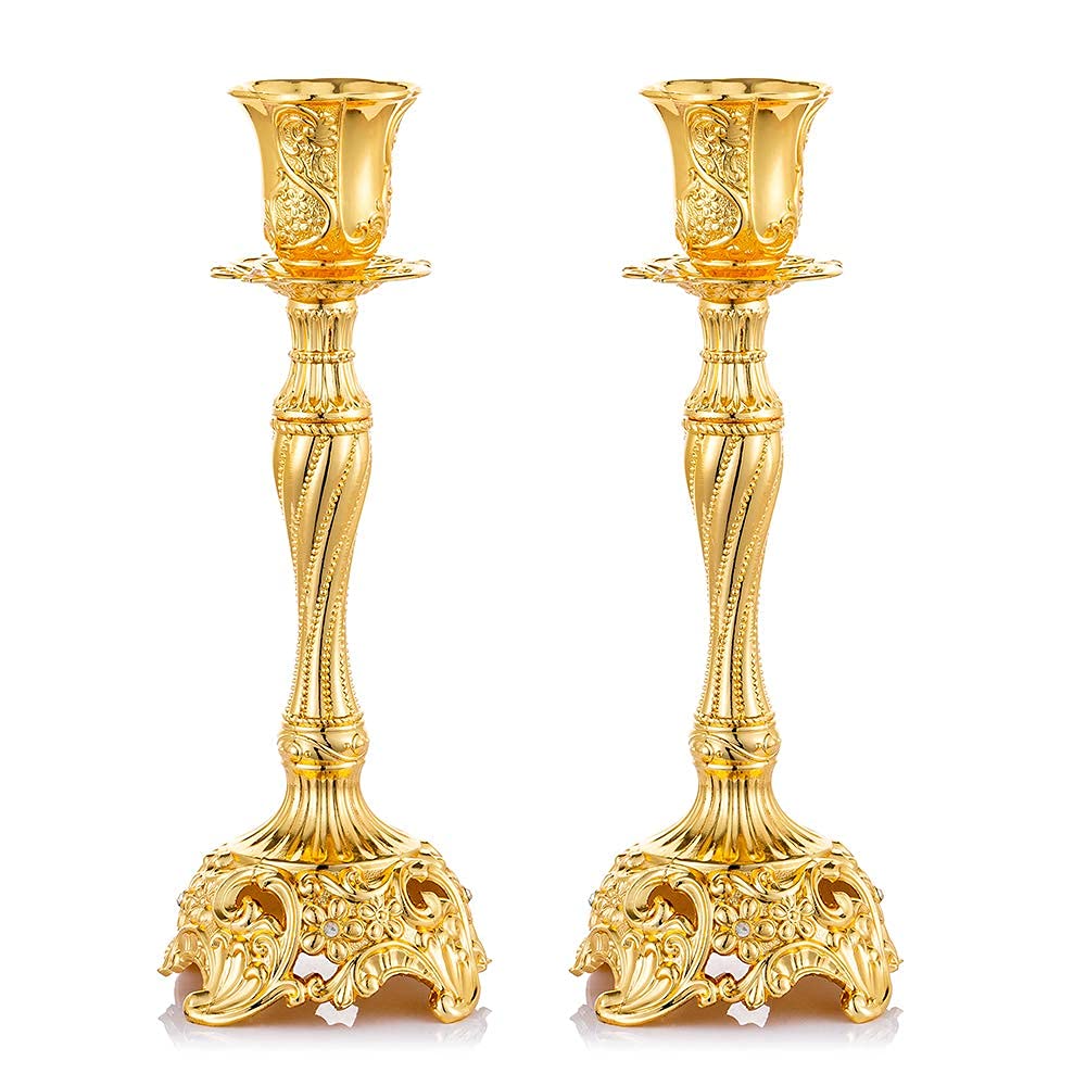 Luxury Gold Candlestick Holders Set of 2 - Elegant Taper Candle Holders for Wedding, Christmas, Shabbat & Home Decor - 7.4 Inch Tall Candle Centerpiece for Dining Table, Mantel & Holiday Decorations