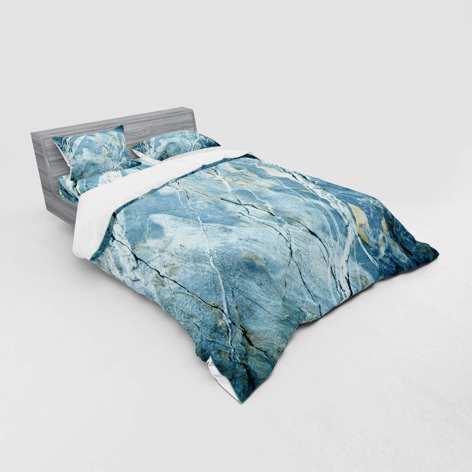Ambesonne Marble Bedding Set - Queen Size 4-Piece Duvet Cover with Shams & Fitted Sheet, Pale Blue Grey Granite Stone Pattern | Luxury Home Decor for Modern Bedrooms & Guest Rooms