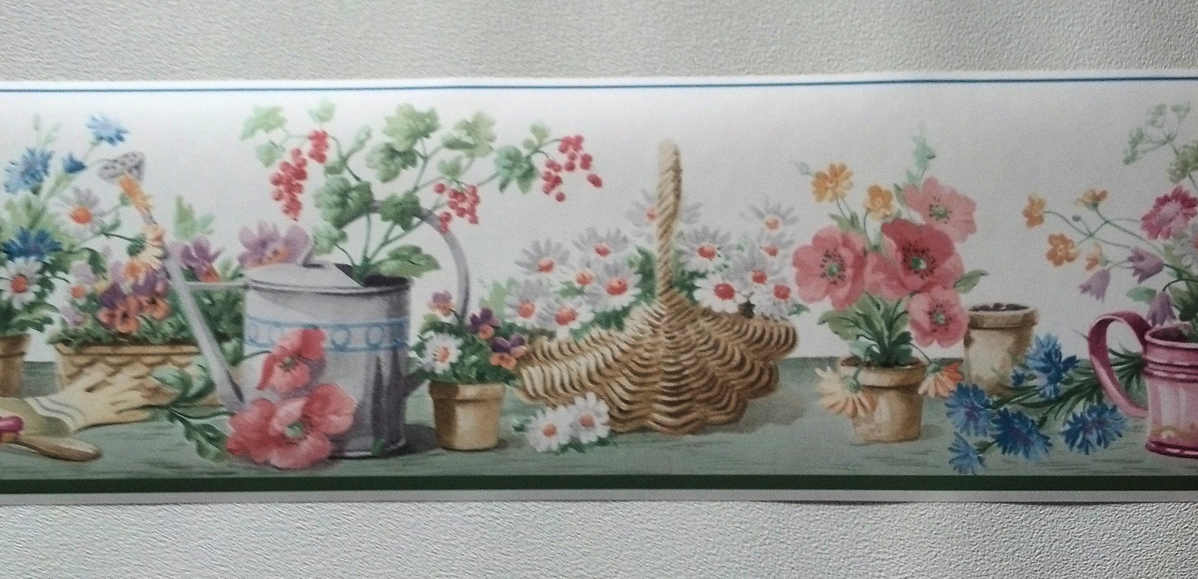 Green Gardening Flowers Watering Can Wallpaper Border - Decorative Home Wall Stickers for Kitchen, Bathroom & Nursery Decor