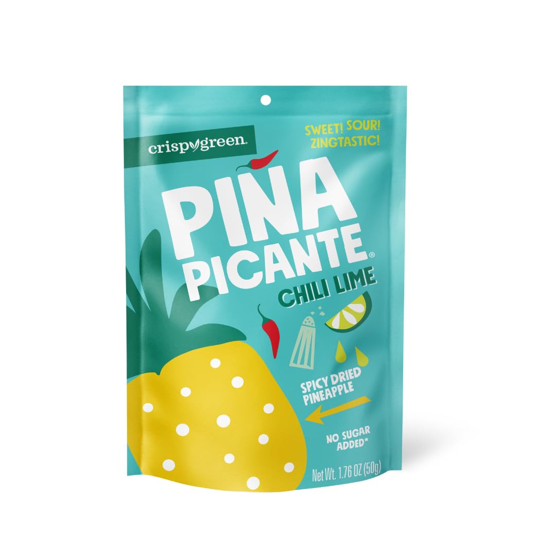 **Spicy Chili Lime Dried Pineapple Snacks - Crispy Green Piña Picante, 1.76oz (12 Single-Serve Bags) | Healthy Real Fruit Snack for On-the-Go, Office, Hiking & Travel**