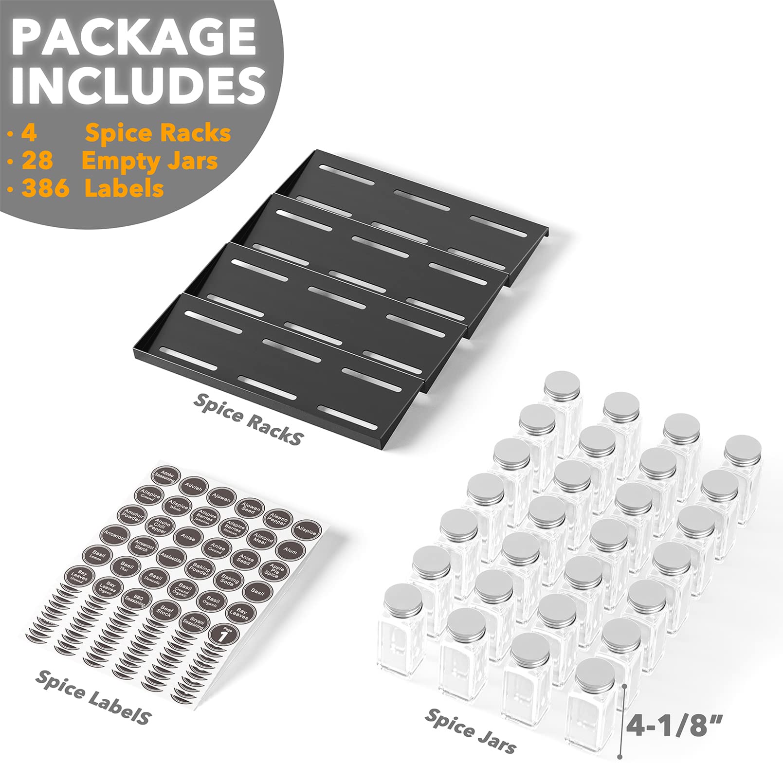 SpaceAid 28-Jar Spice Drawer Organizer with Storage Bags - 4 Pack Set for Kitchen Cabinet & Pantry Organization | Perfect for Home Chefs & Meal Prep Enthusiasts