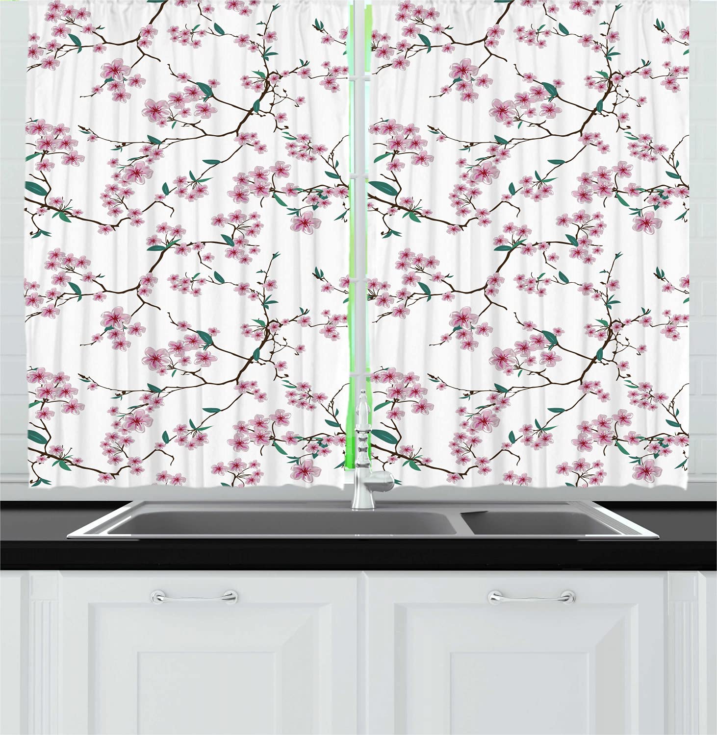 Ambesonne Cherry Blossom Kitchen Curtains Set of 2 Panels - Japanese Floral Blooming Branches Design, White Pink & Green Window Drapes 55