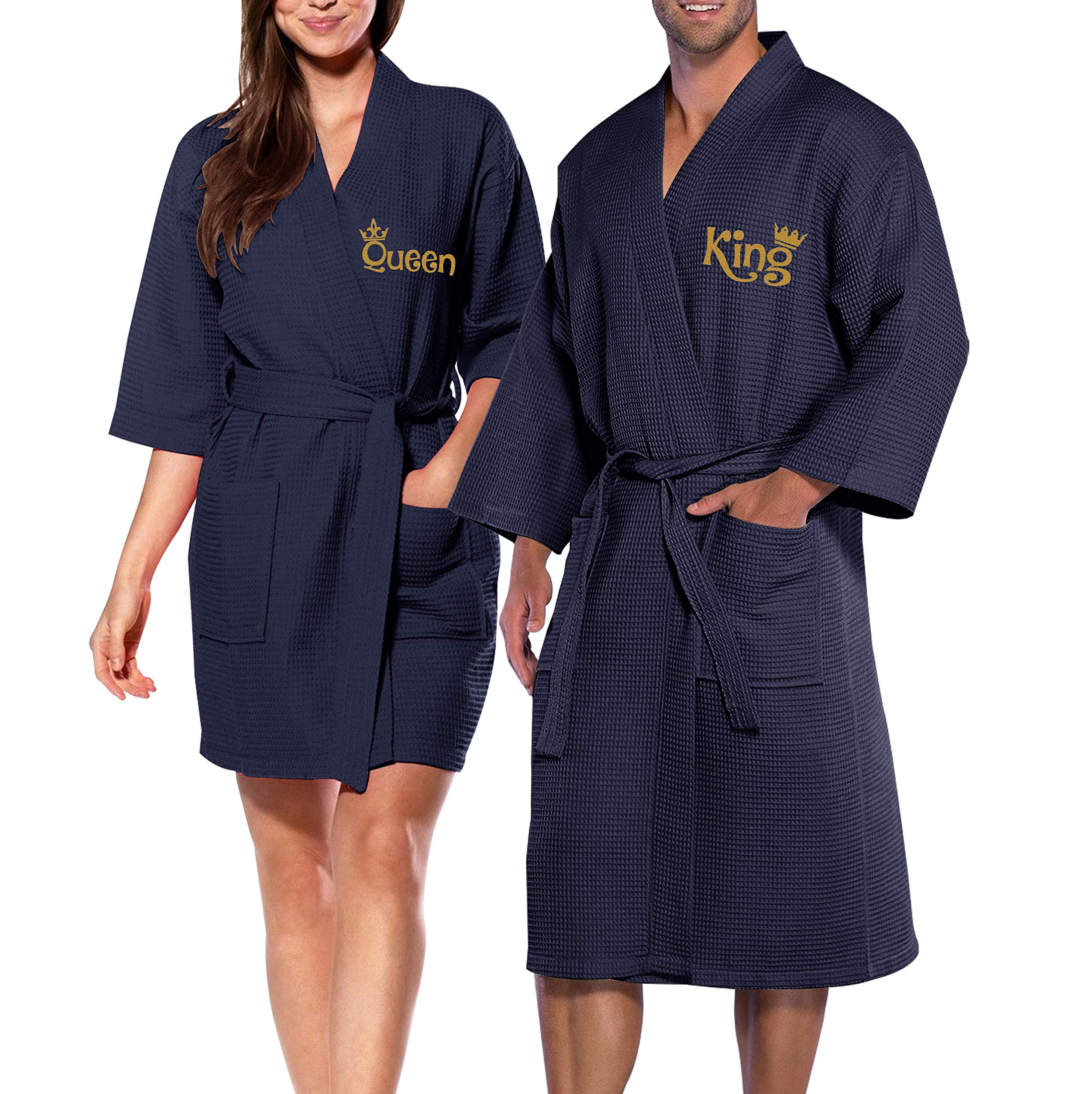 NACRE APPAREL Embroidered Cotton Waffle Robe for Men & Women - Queen/King Size Couples Bathrobe with Spa Kimono Design - Perfect for Honeymoon, Hotel Stay, Bridal Shower, and Relaxing at Home